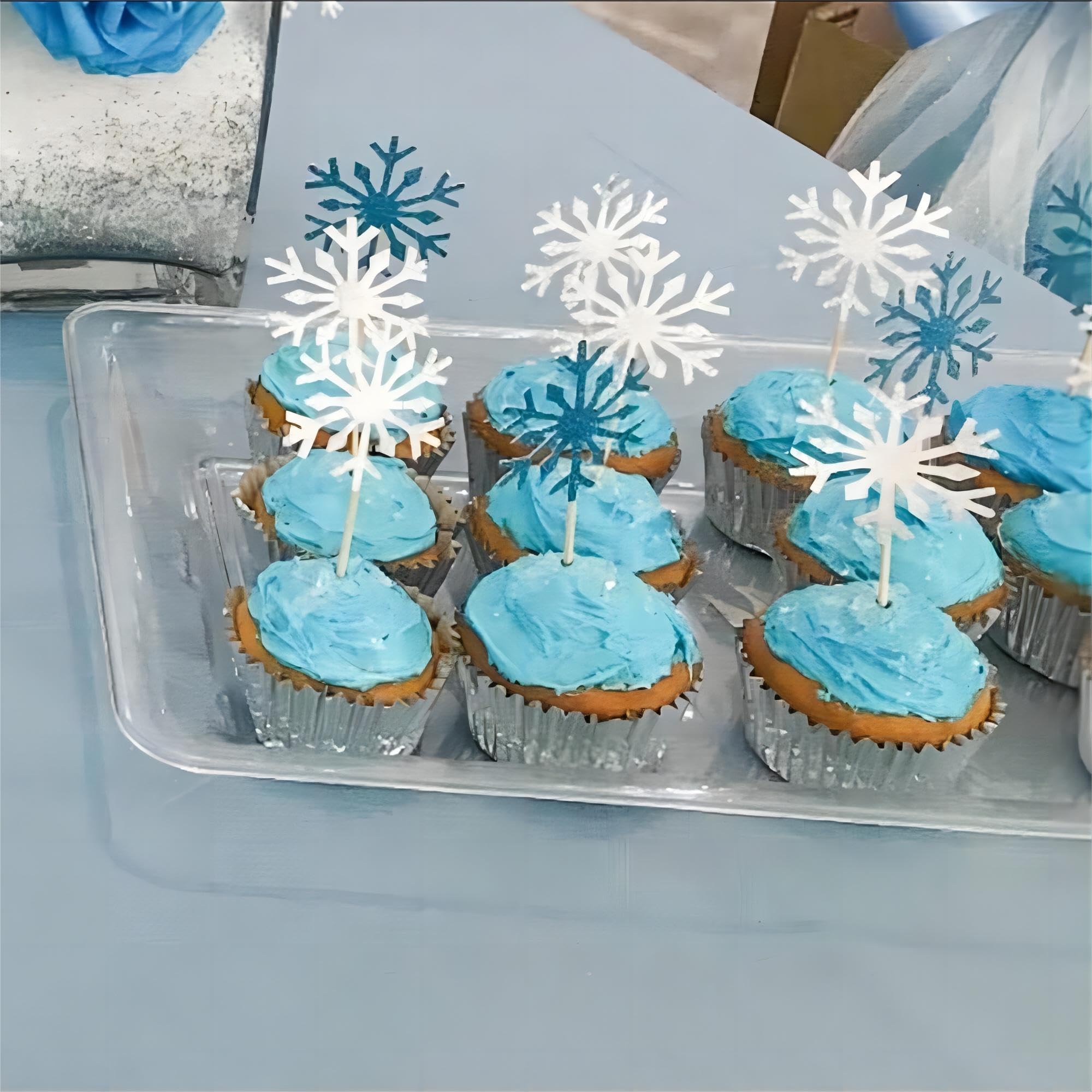 PartyWoo Frozen Cake Toppers, 20 pcs Snowflakes Cupcake Topper Set, Glitter Silver and Blue for Frozen Cake Winter Wonderland Birthday Party Decorations