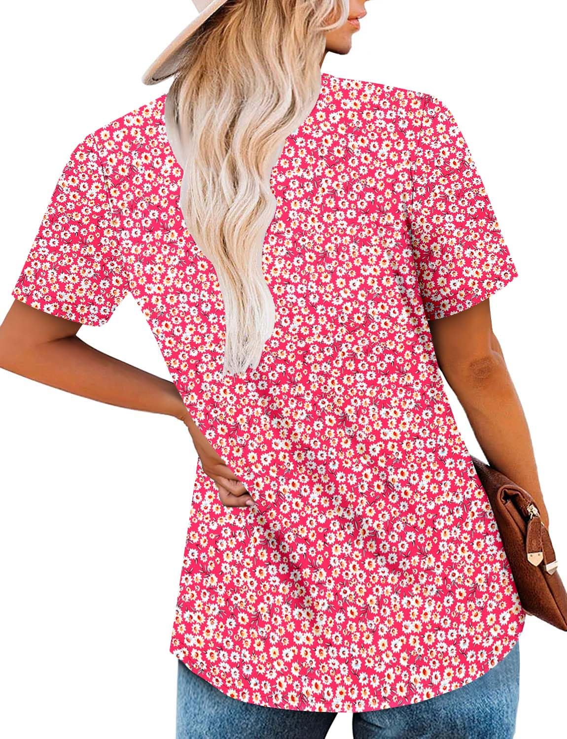 BETTE BOUTIK women's tops pleated crewneck short sleeve corded pull string cute summer tops for women Orange Flower XX-Large
