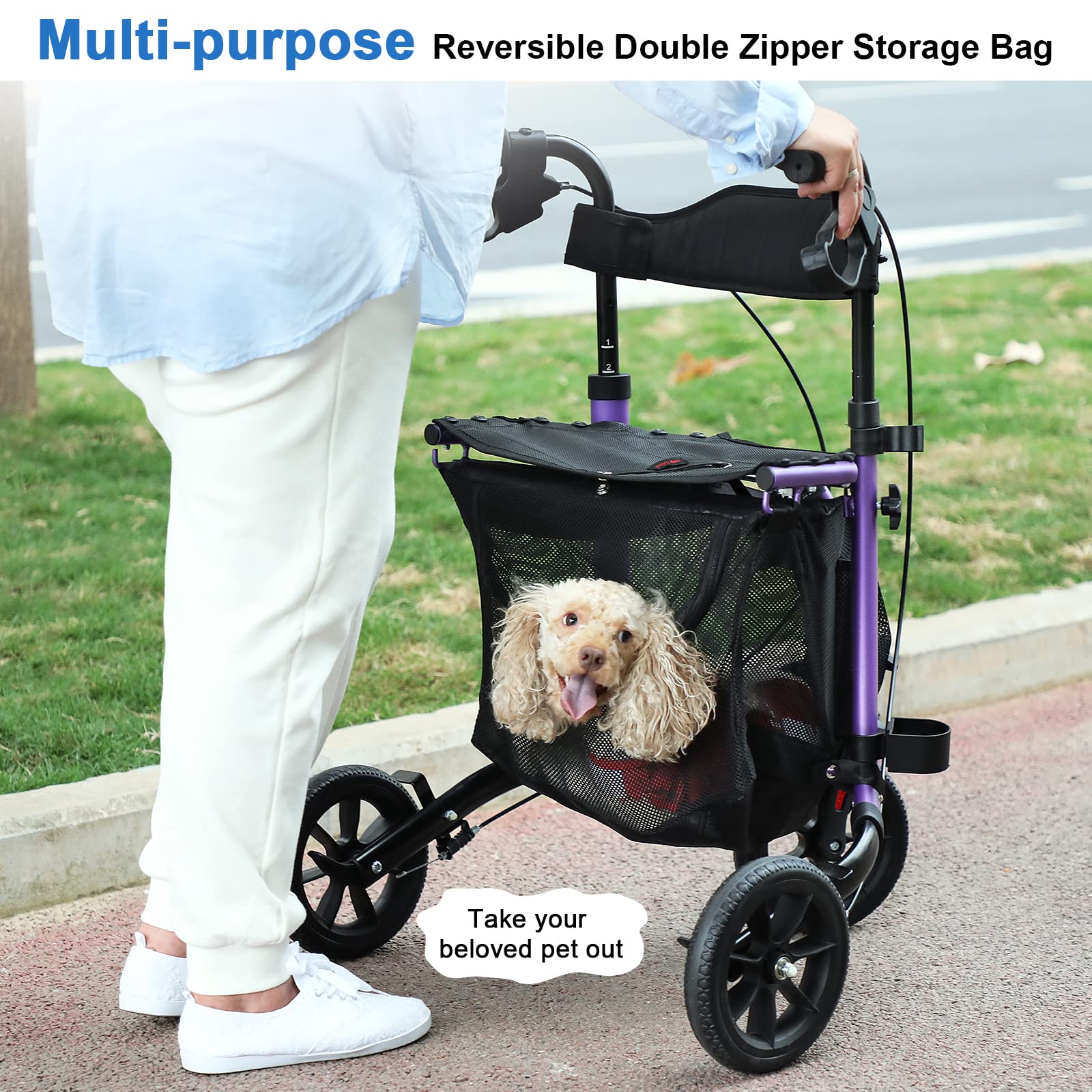 WALK MATE 3 Wheel Rollator Walker with Seat for Slim Seniors, Padded Backrest Lightweight Foldable Travel Walker Ideal for Elderly, 8 Inch Tri-Wheel Modern Mobility Walking Aid Aluminum, Purple