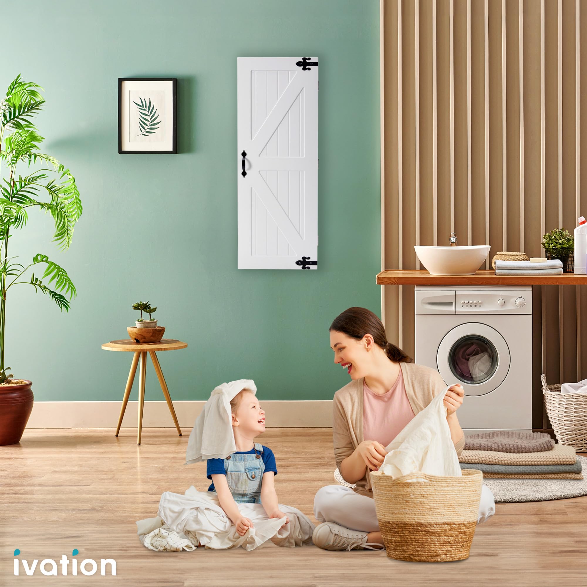 Ivation Wall-Mounted Ironing Board Cabinet with Farmhouse Door, Foldable Ironing Storage Station for Home, Apartment & Small Spaces, Easy-Release Lever, White