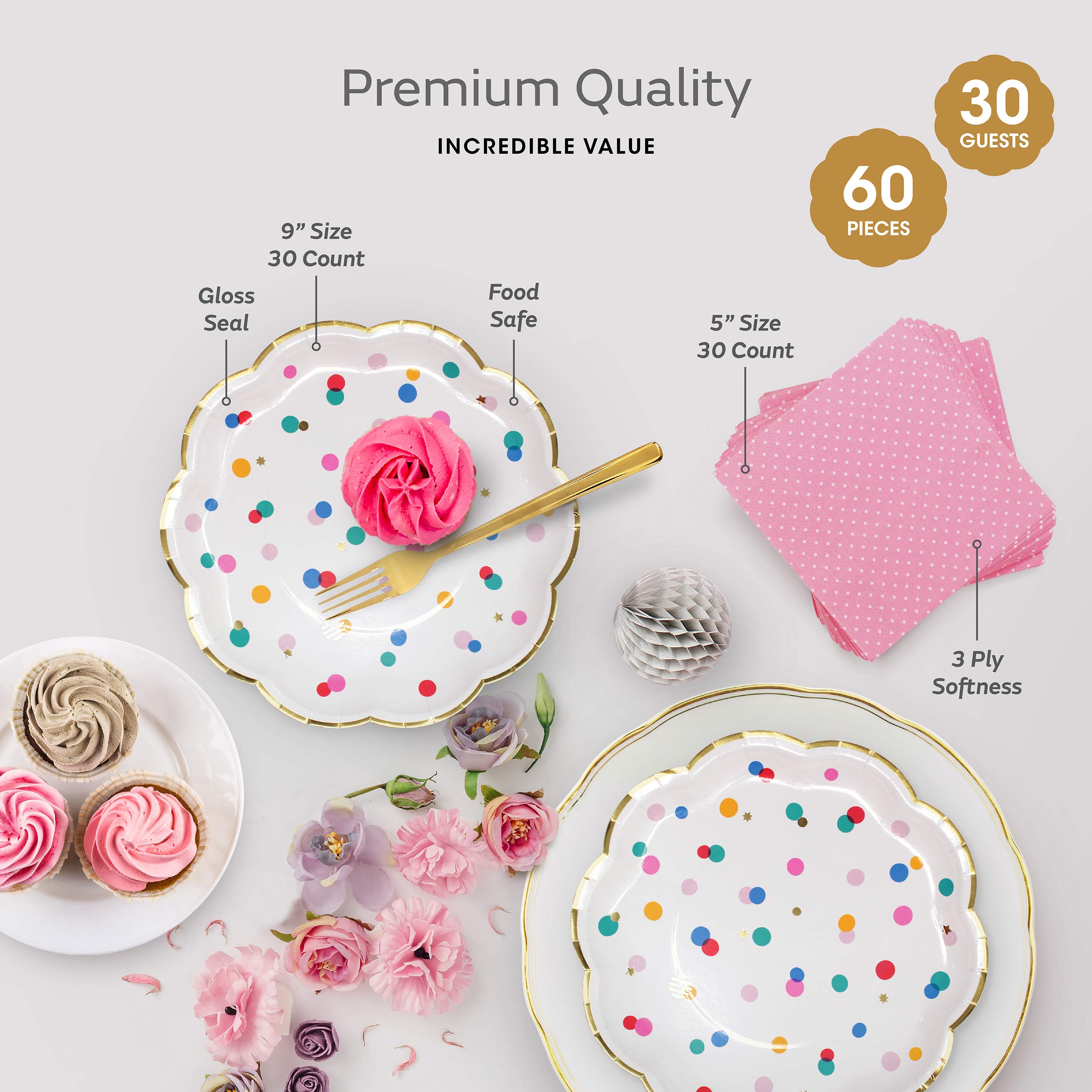 The Joy Bazaar Premium Pink and Gold Party Plates Set - 30 Pack Disposable Plates and Napkins, Ultra-Durable 400GSM, No Soggy Mess