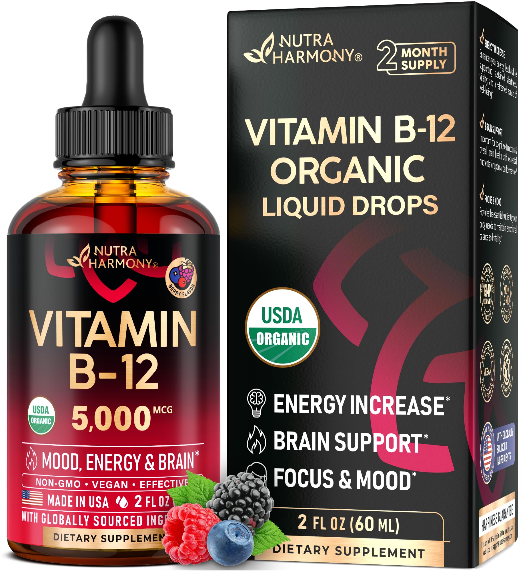 USDA Organic Vitamin B12 Sublingual Drops - 5000 mcg Liquid Vegan Methylcobalamin for Women & Men - Energy Boost, Focus & Mood, Brain Health Support - Maximize Absorption - 2 Month Supply, 2 fl oz