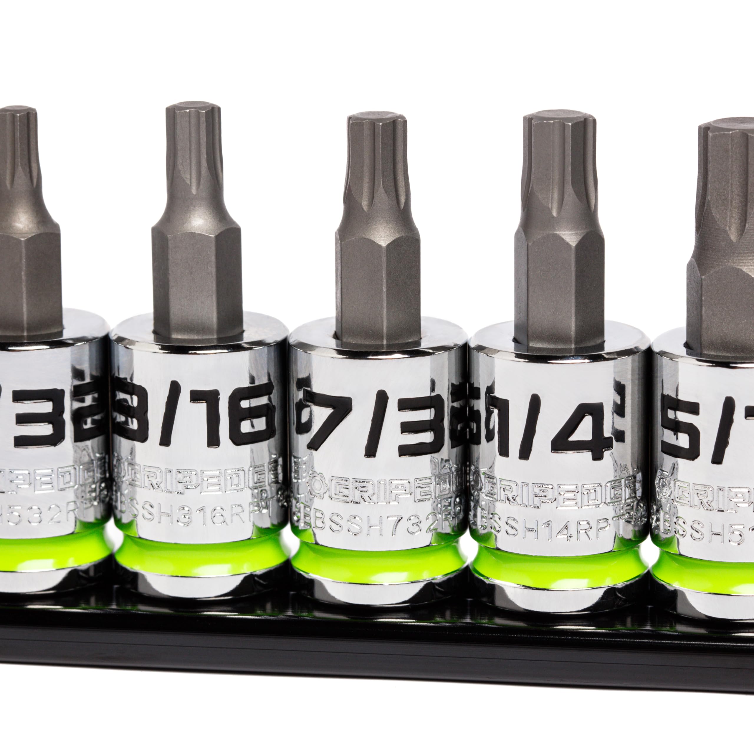 GRIPEDGE HEX Bit Socket Set | 7-PC - 3/8'' Drive Short SAE RPT Hex Driver Set | Sizes 1/8'' - 3/8'' | Made With S2 Steel | Includes Premium Aluminum Storage Rail |