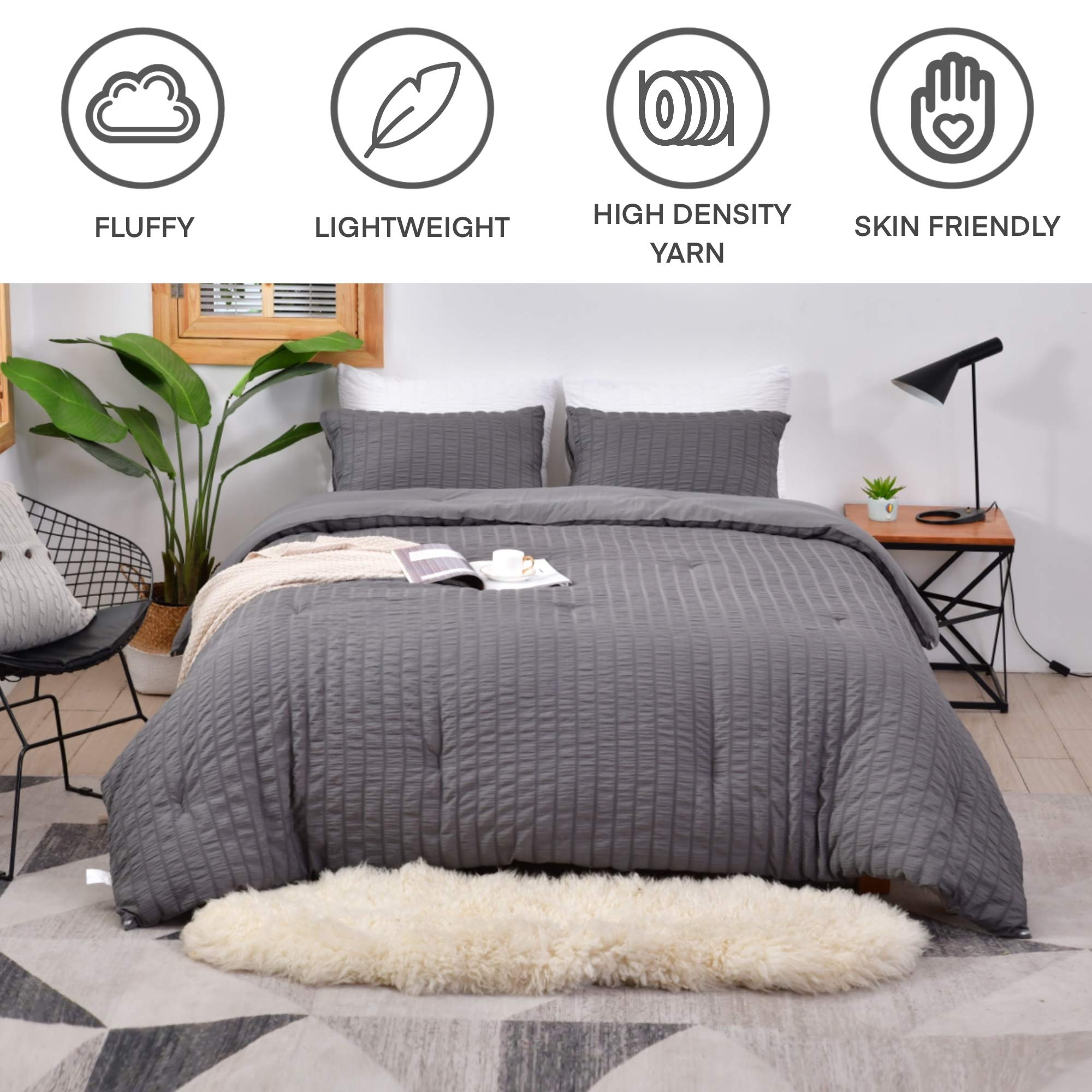 AveLom Seersucker King Comforter Set (104x90 inches), 3 Pieces - 100% Soft Washed Microfiber Lightweight Comforter with 2 Pillowcases, All Season Down Alternative Comforter Set for Bedding, Gray