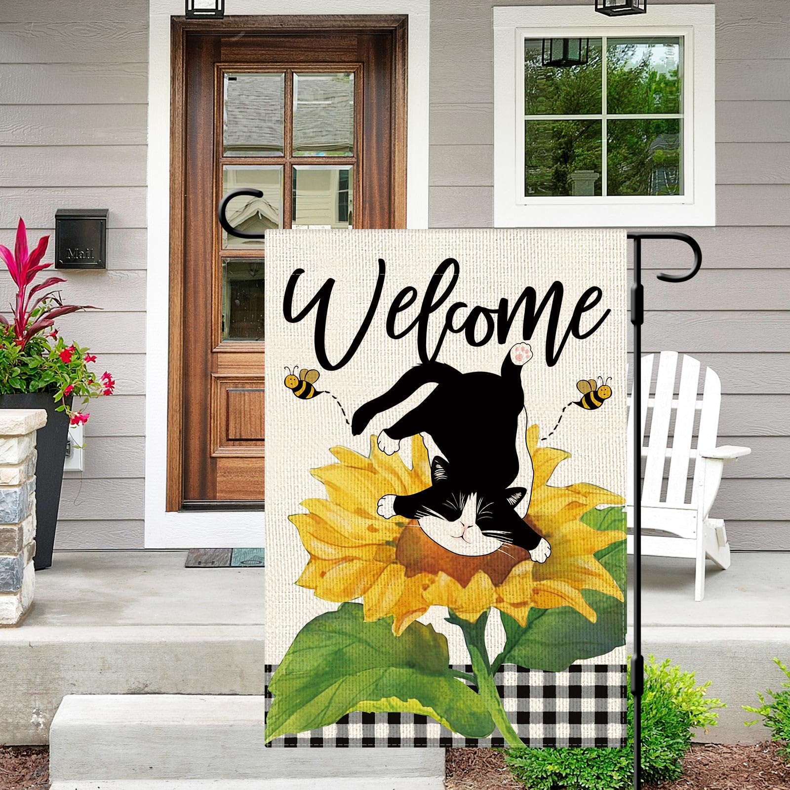 DLZDN Summer Sunflower Cat Garden Flag Funny Tuxedo Cat Garden Flags 12×18 Inch Double Sided Buffalo Plaid Farmhouse Welcome Yard Flag Spring Summer Seasonal Outdoor Decor