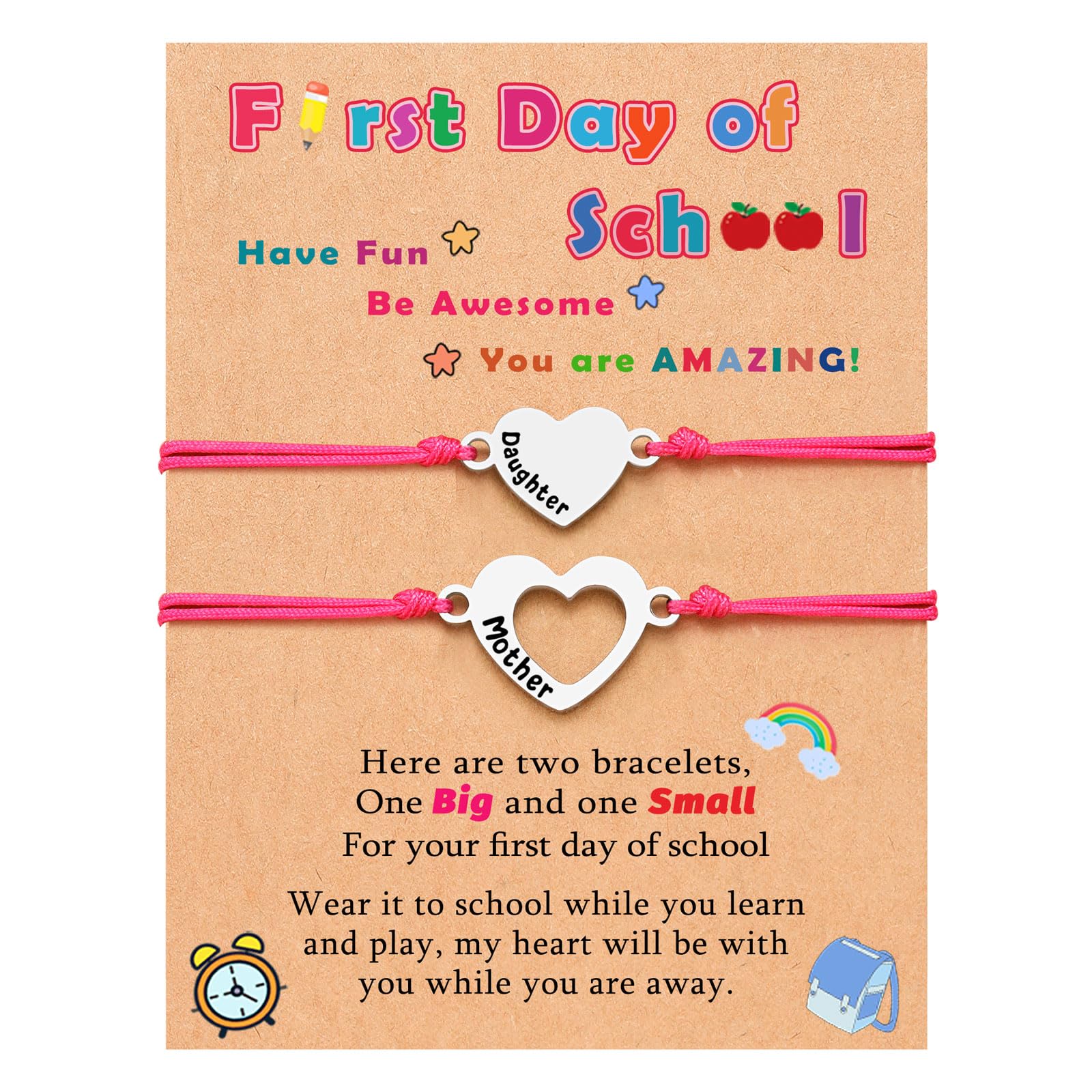 UNGENT THEM Back to School Bracelet Mommy and Me First Day of School Bracelet for Mom and Daughter Girls, Mother Daughter Matching Heart Bracelets, Back to School Gifts