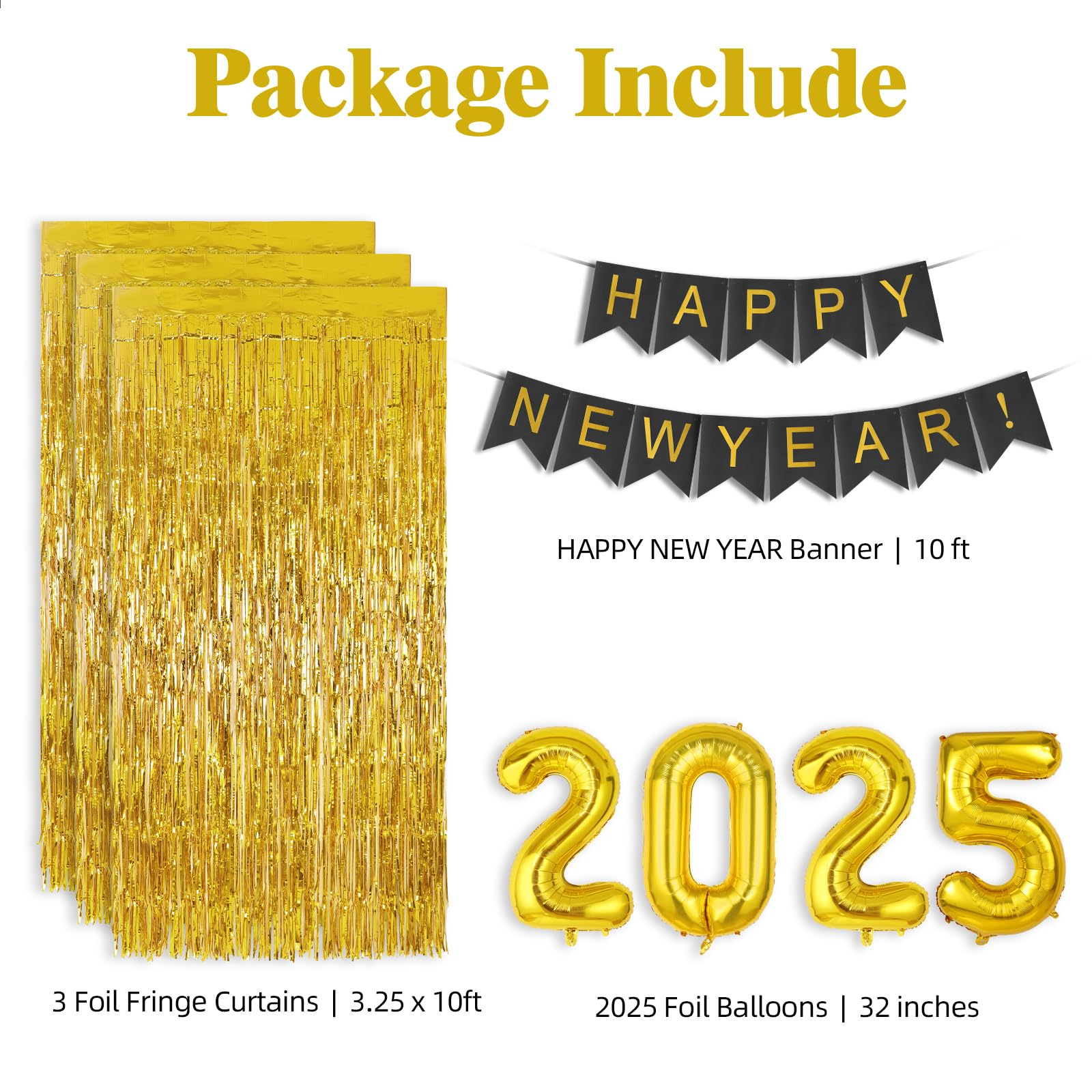 New Year Eve Party Supplies 2025 - Happy New Year Decorations with 2025 Foil Balloon, Happy New Year Banner, Latex Balloon and Gold Foil Curtain Backdrop(Black Gold)