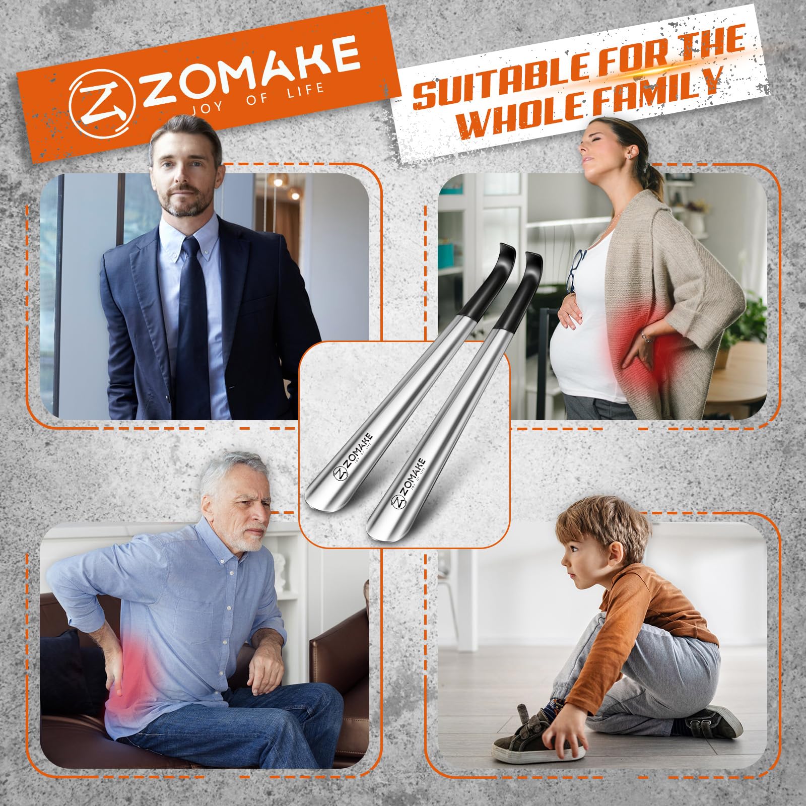 ZOMAKE Shoe Horn Long Handle for Seniors Men Women,Metal Long Shoehorn Boot Horn,16.5" Stainless Steel Shoe Spoon Helper(2 Pcs Black Handle)