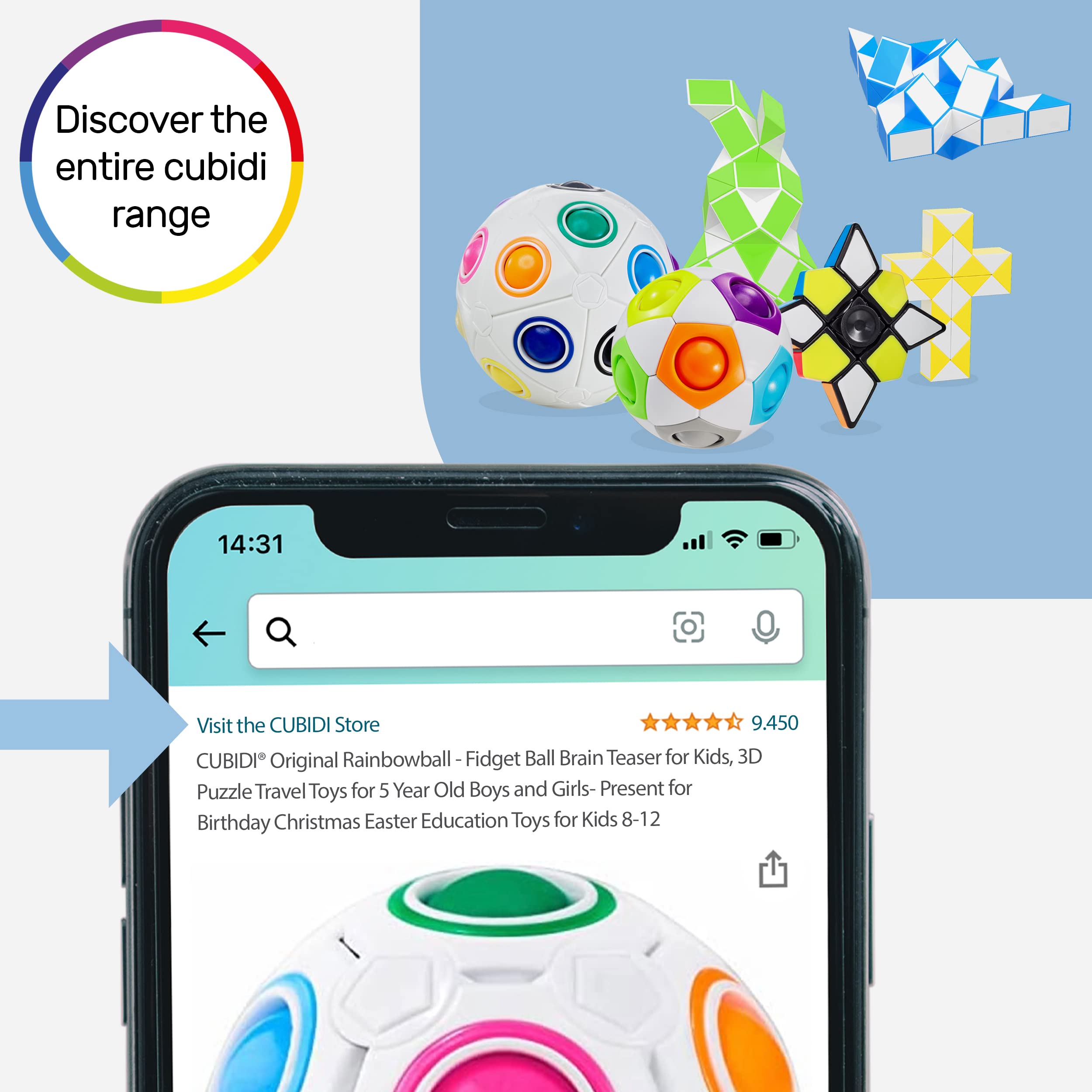 CUBIDI® Original Rainbow Puzzle Ball I Brain Teasers for Kids Ages 6-10 I for Boys and Girls 6+ Years I Travel Toy for Children | Fidget Ball Magic Ball
