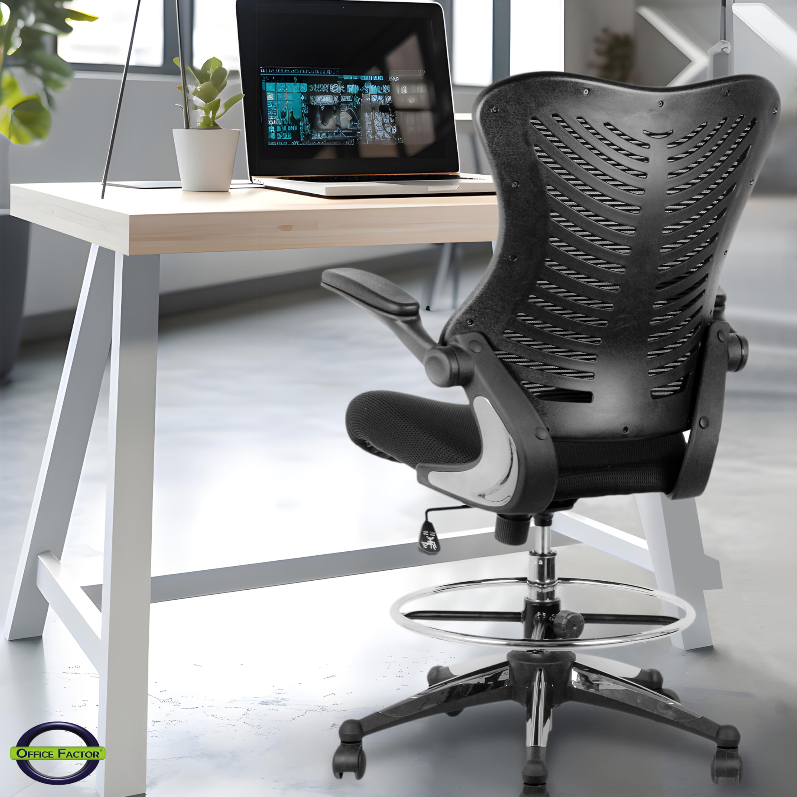 OfficeFactor Ergonomic Drafting Chair Tall Office Chair Standing Desk Chair Flip up Armrests Molded Foam Seat with Adjustable Footrest Ring Lumbar Support (Black MESH Fabric)