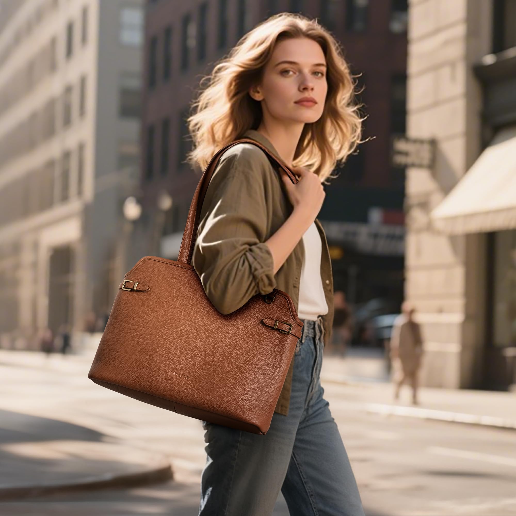 befen Soft Real Leather Small Tote Bag for Women Work, Womens Designer Totes Purse Handbags with Top Handles Satchel Purses Cognac Brown