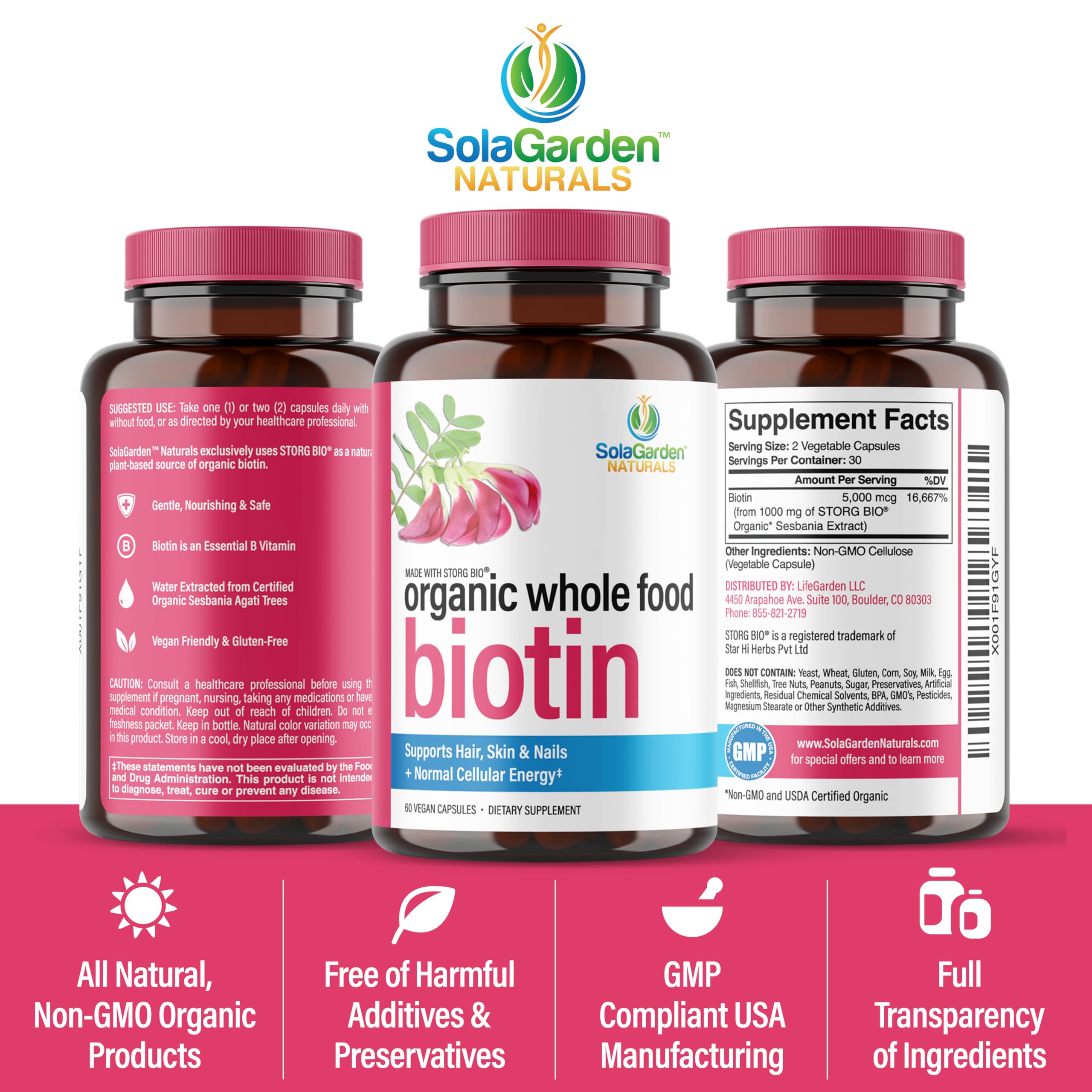 Whole Food Biotin Supplement - Contains Certified Organic Plant Based Biotin from Sesbania Agati Trees - by SolaGarden Naturals. May Support Hair, Skin and Nails. 60 Non GMO Veggie Capsules.