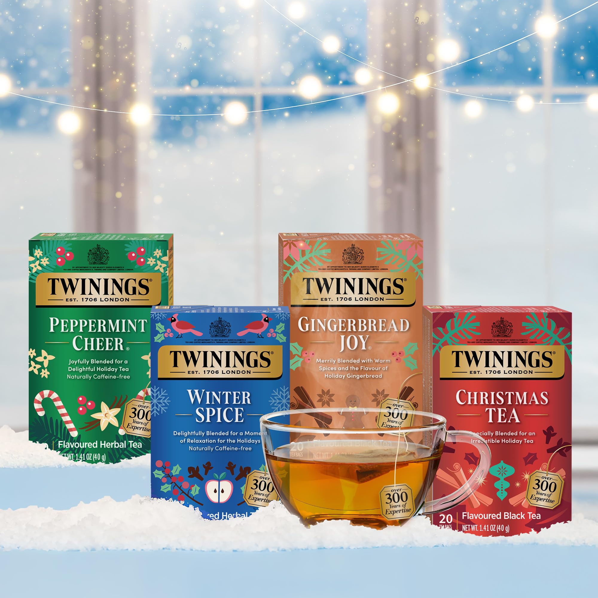 Twinings Holiday Variety Pack Tea Bags, Christmas Tea, Winter Spice, Gingerbread Joy, Peppermint Cheer, 20 Count (Pack of 4), Enjoy Hot or Iced
