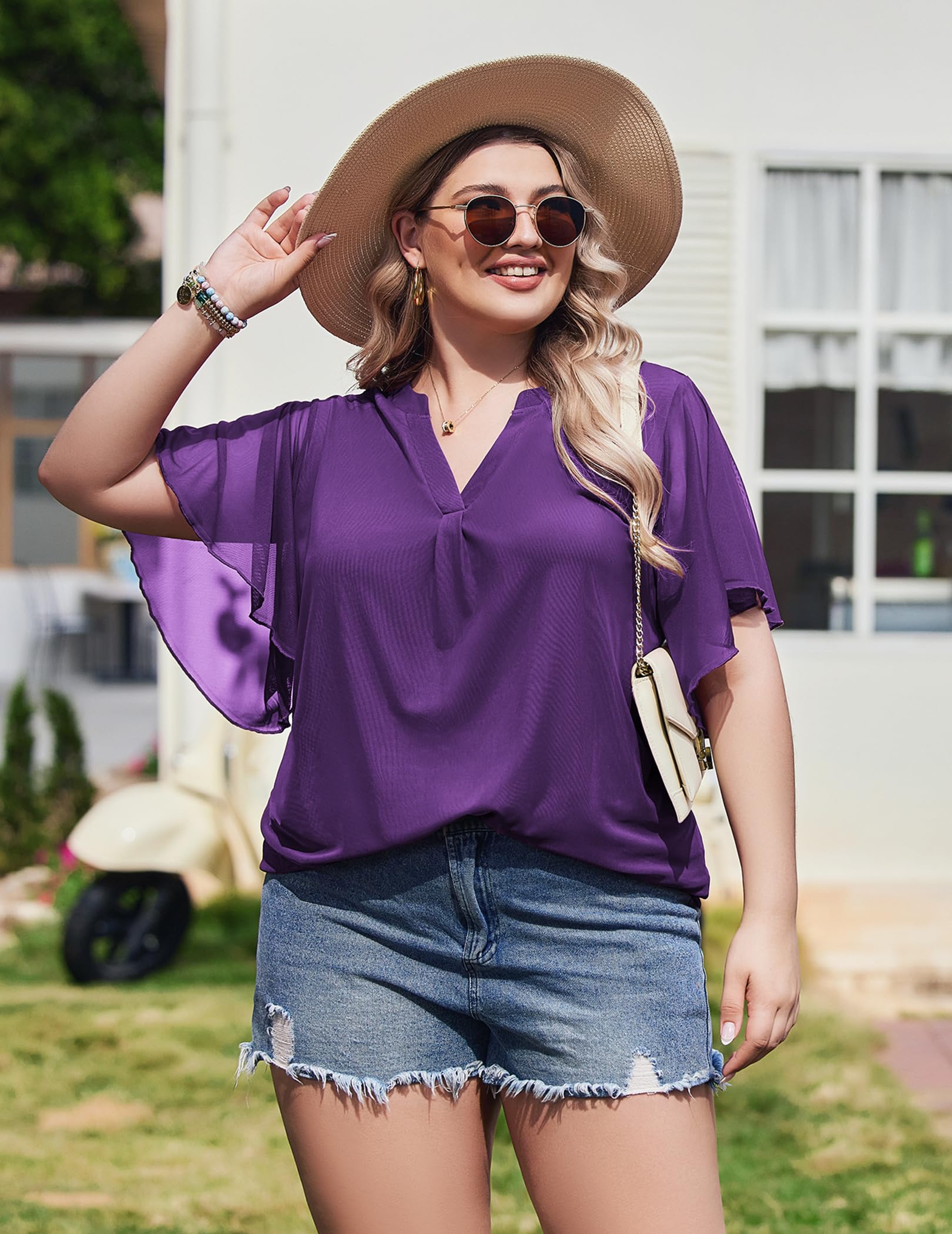 IN'VOLAND Women's Plus Size Blouses Short Sleeve Floral Double Layers Mesh V Neck Tunic Tops Dressy Flowy Stretchy Shirts Purple 16W