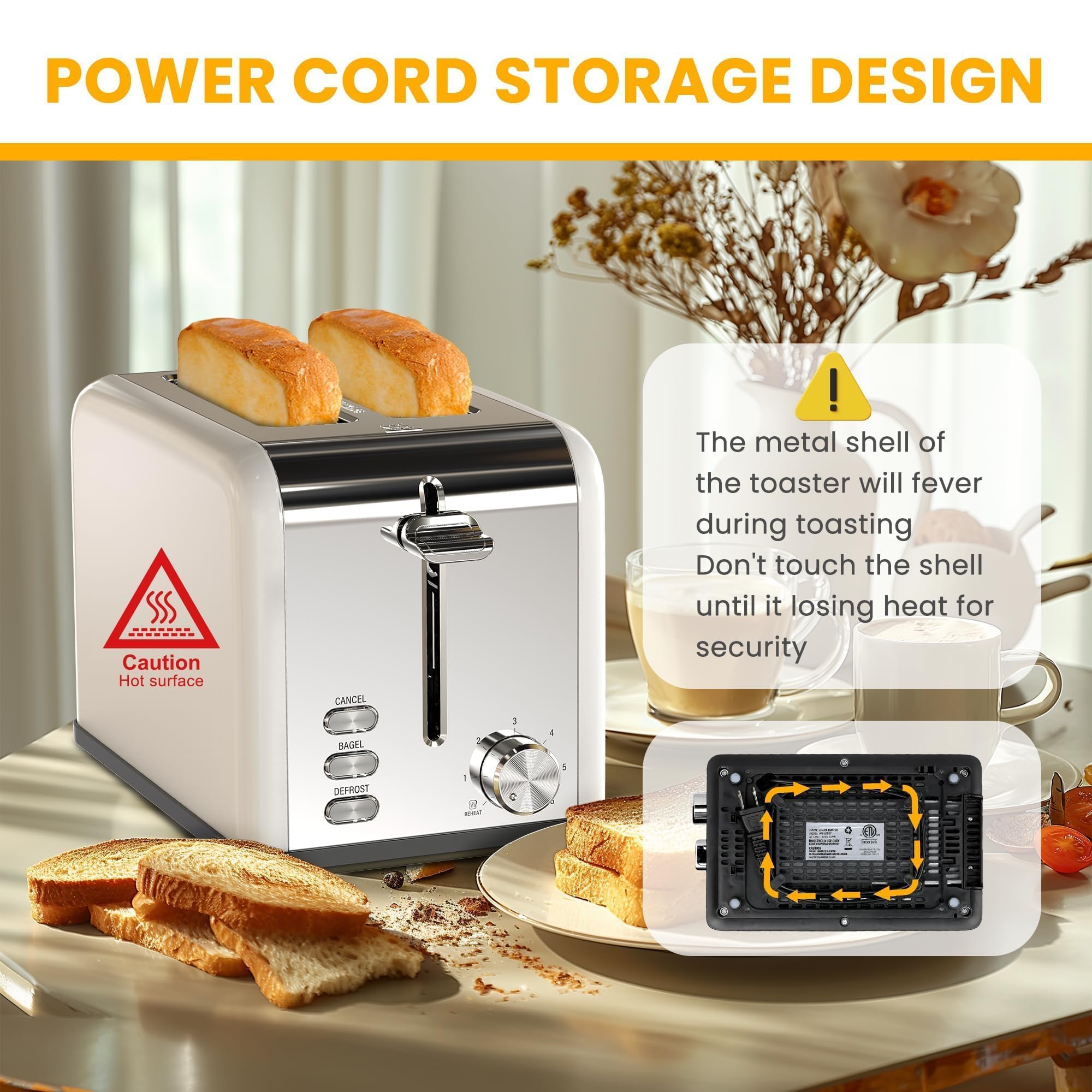 Simple Deluxe 2-Slice Toaster, Stainless Steel Construction with 6 Browning Levels & 3 Cooking Functions, Extra Wide Slots & Removable Crumb Tray for Easy Cleaning, White