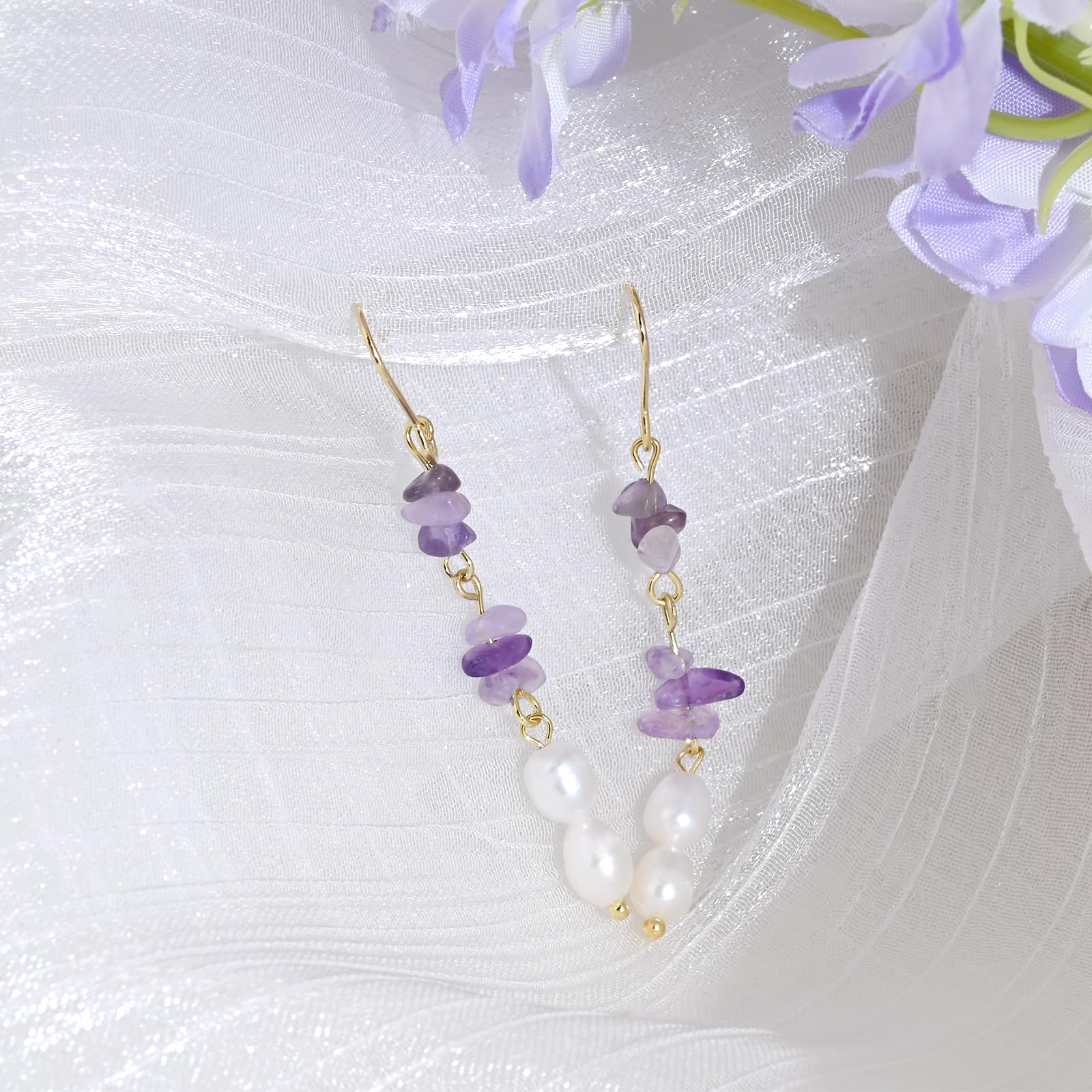 Gold Plated Amethyst Earrings Pretty Purple Earrings Dangle Pearls Hypoallergenic Crystal Nature Earrings for Women Trendy