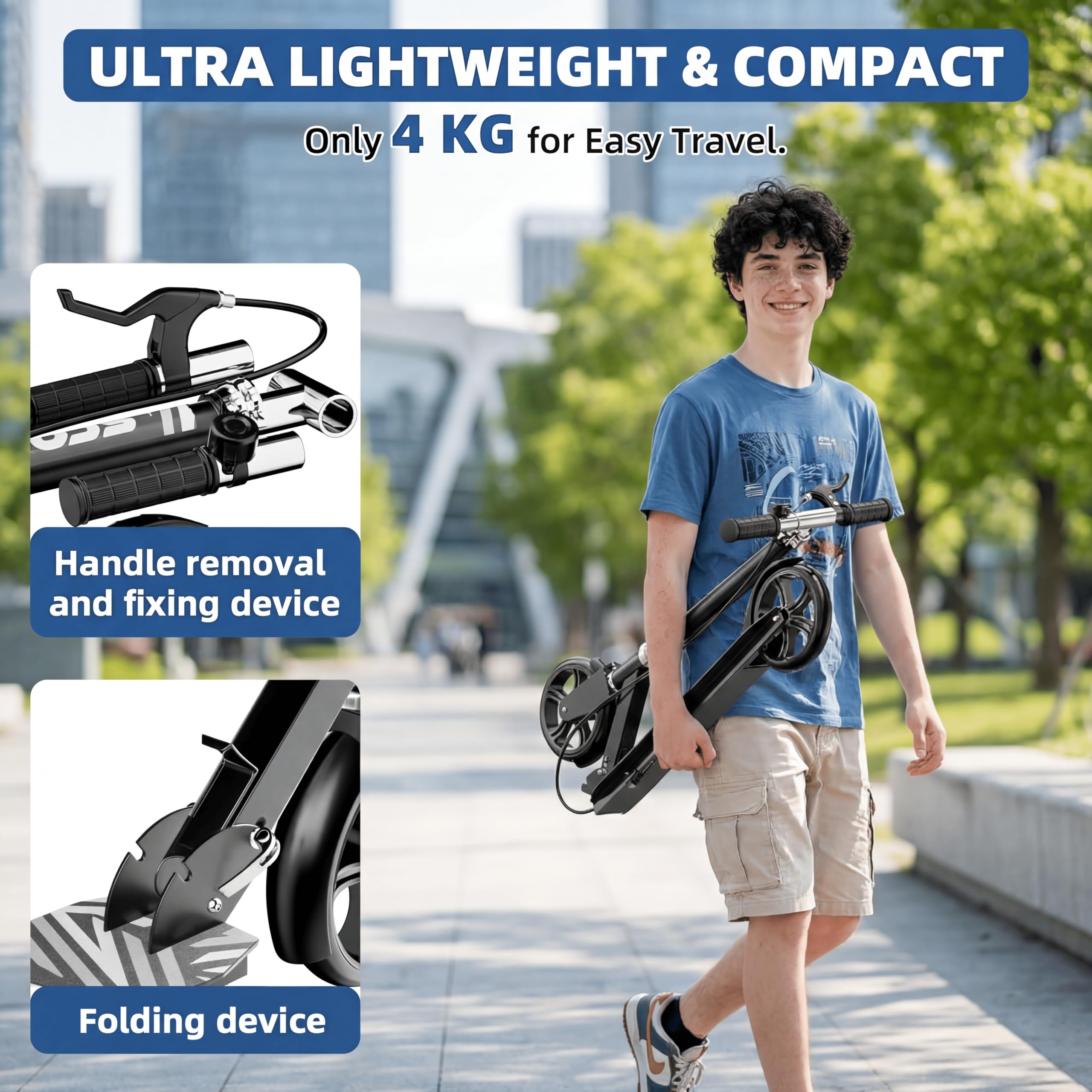 Scooters for Kids 9-25, Teens & Adults - Foldable Commuter Scooter with Bell, Hand Brake & Adjustable Height, 260 LB Weight Capacity, Perfect for School, Campus, Park Rides