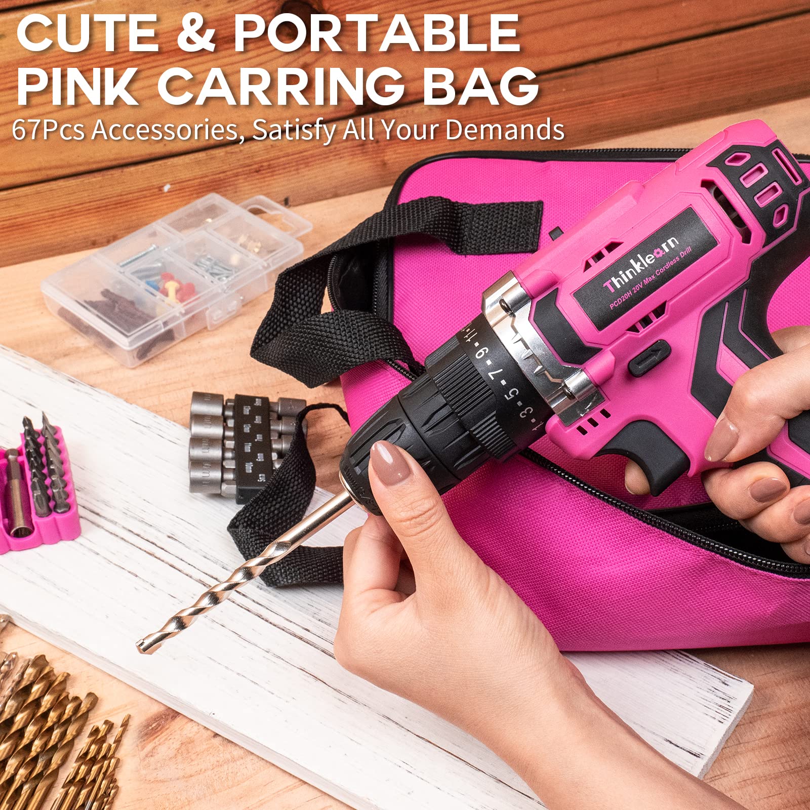 Pink Cordless Drill Set, 20V Lithium-ion Power Drill Set for Women with 67Pcs Driver Bits, 3/8"Keyless Chuck, 25+1 Position, 2.0Ah Battery, Charger and Storage Bag Included