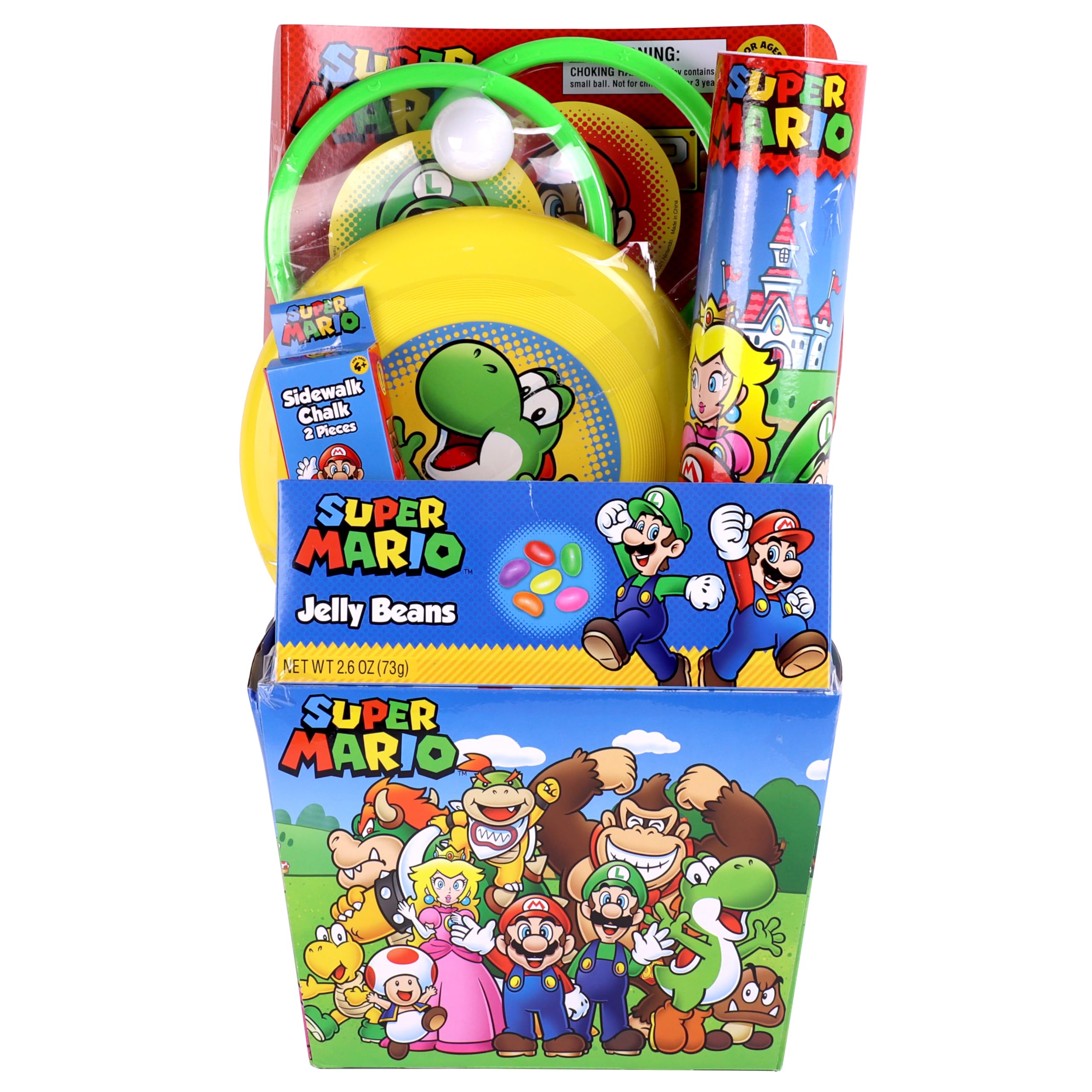 Mario Prefilled Gift Basket with Toys, Jelly Beans Candy and Bonus Mario Tube Topper for Kids, Tweens, Teens