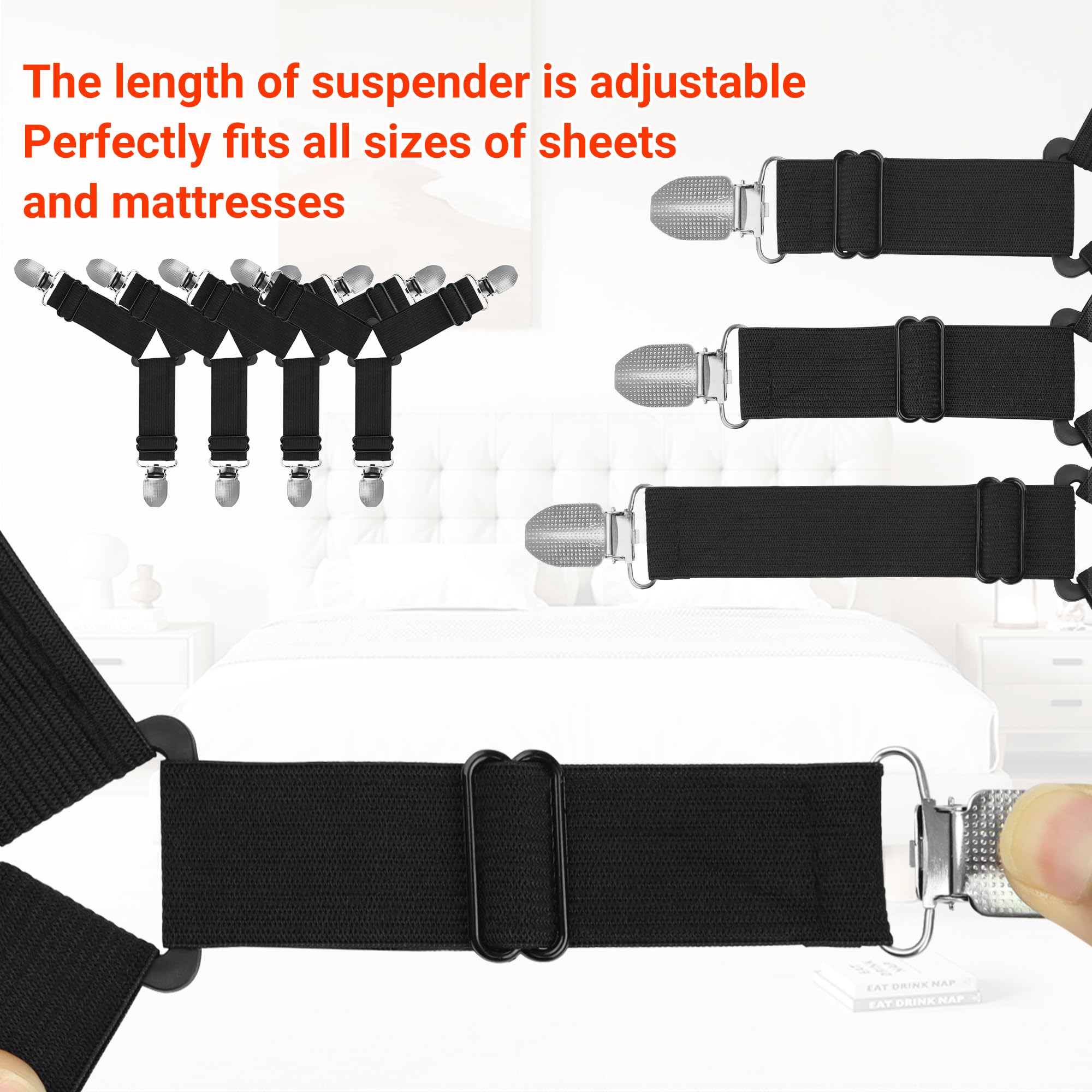 Ksasky Bed Sheet Holder Straps, Adjustable Bed Sheet Clips for Corner, Upgrade Non Slip Sheet Holders Keep Sheets Firm & Tight, Easy to Install Durable Fasteners