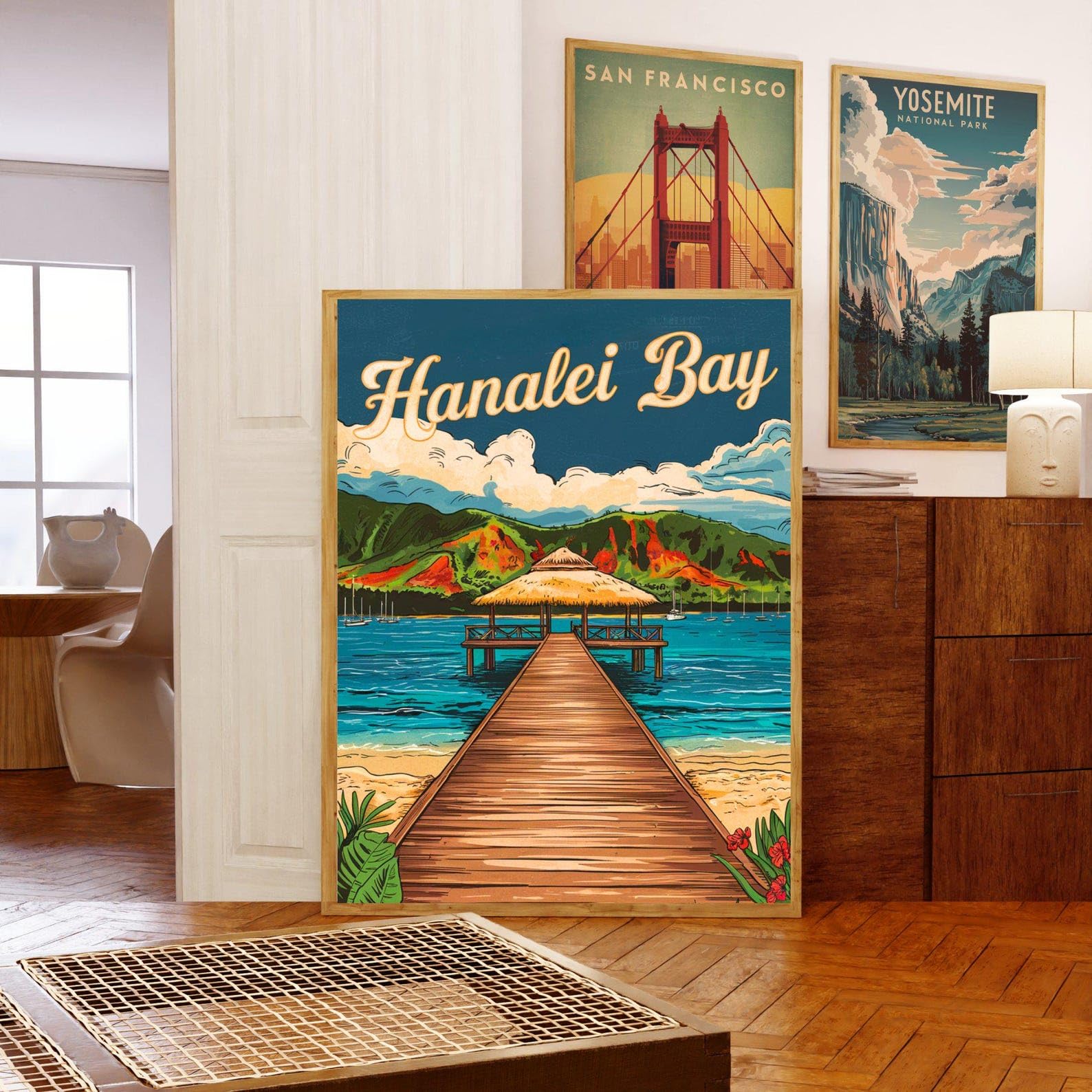 Hanalei Bay Vintage Travel Poster Hanalei Bay Print Hawaii Wall Art Framed Gift United States Present
