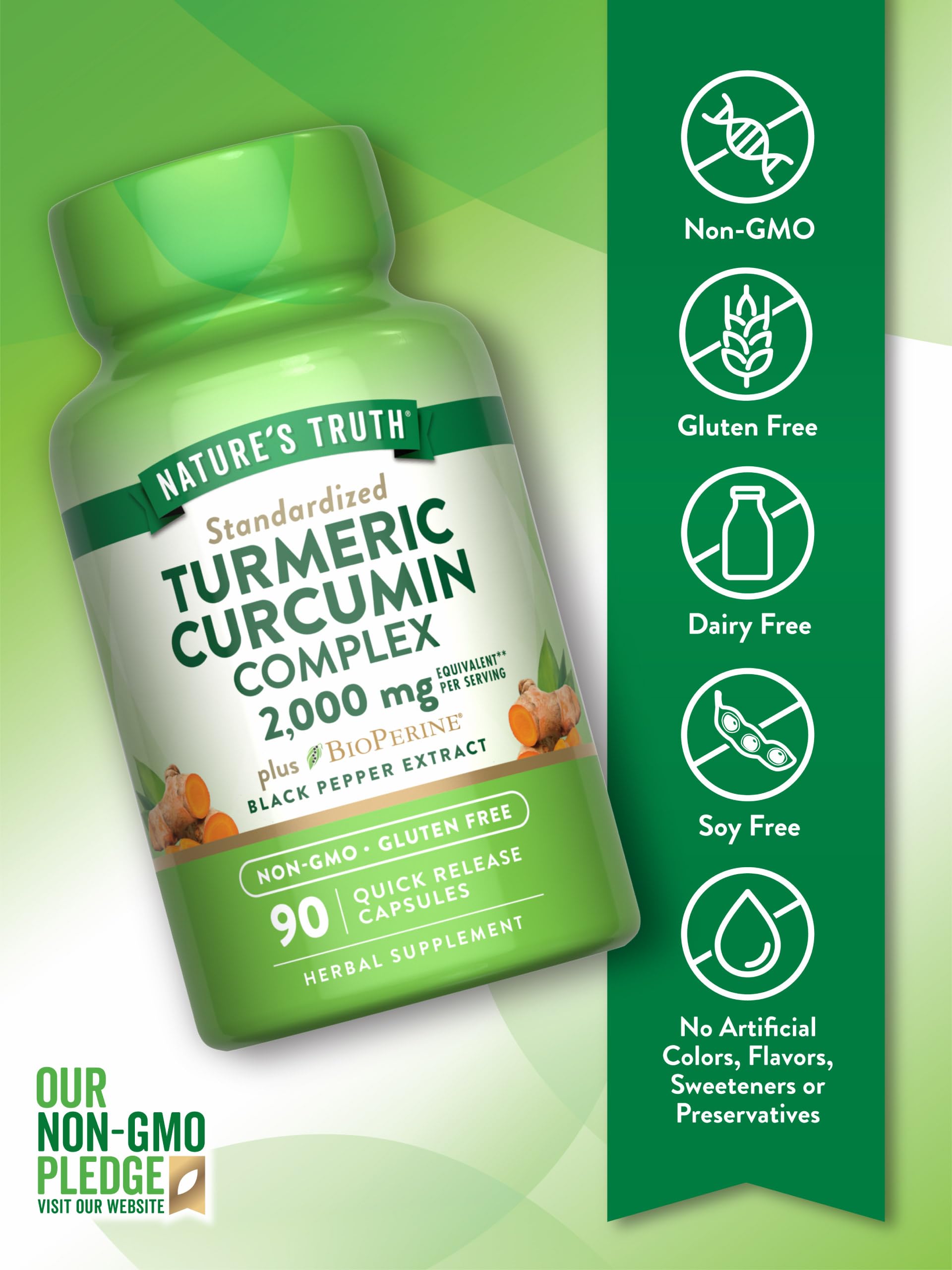 Turmeric Curcumin Capsules | 2000mg | 90 Capsules | with 95% Standardized Curcuminoids and Bioperine | Non-GMO, Gluten Free Supplement | by Nature's Truth