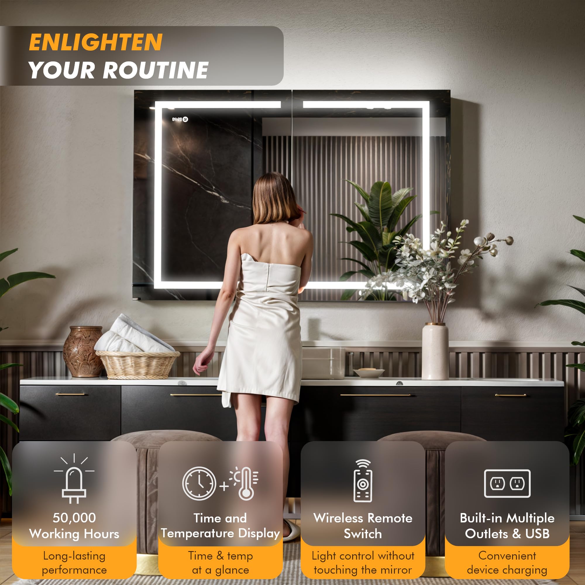 KRISTALLUM LED Lighted Medicine Cabinet Front & Backlit Dimmable Colours, Clock & Temp, USB Outlets