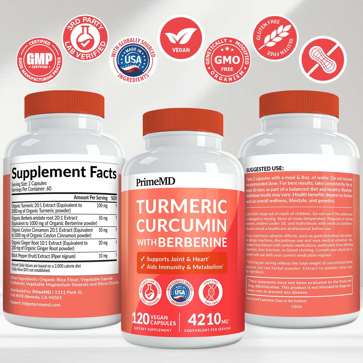 5-in-1 Organic Turmeric Curcumin Supplement (4210mg) with Berberine, Ceylon Cinnamon Bioperine and Ginger Supplements for Joint, Heart, Gut, & Metabolic Support (120 ct)