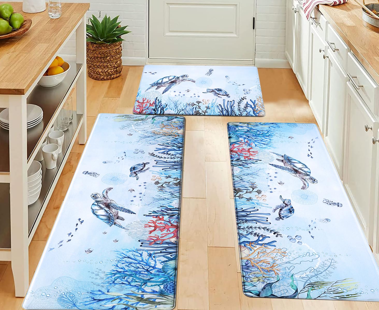 ASPMIZ Ocean Kitchen Rugs Sets of 3 Non Slip Washable, Sea Turtle Anti Fatigue Kitchen Mat Cushioned, Waterproof Nautical Coral Kitchen Floor Mats Runner Rug, 17'' x 60'' + 17'' x 47'' + 17'' x 30''