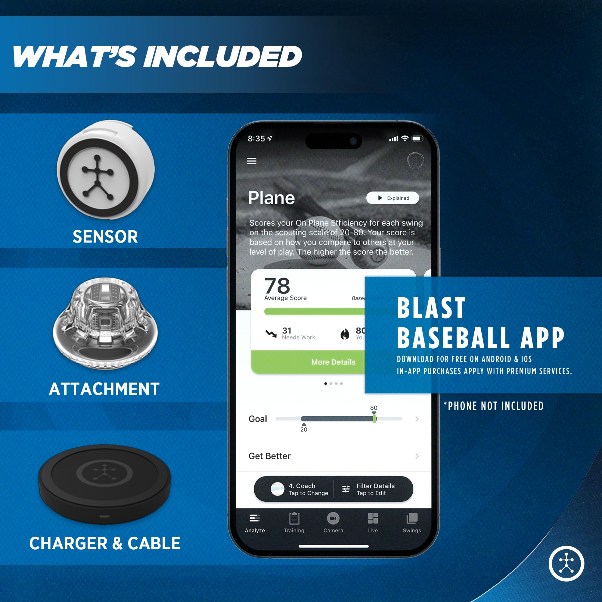 Blast Baseball Swing Analyzer - Improve Your Swing at Every Level - Real-time Feedback, Swing Metrics, Video Capture Highlights, Track Performance (GEN3 Sensor)
