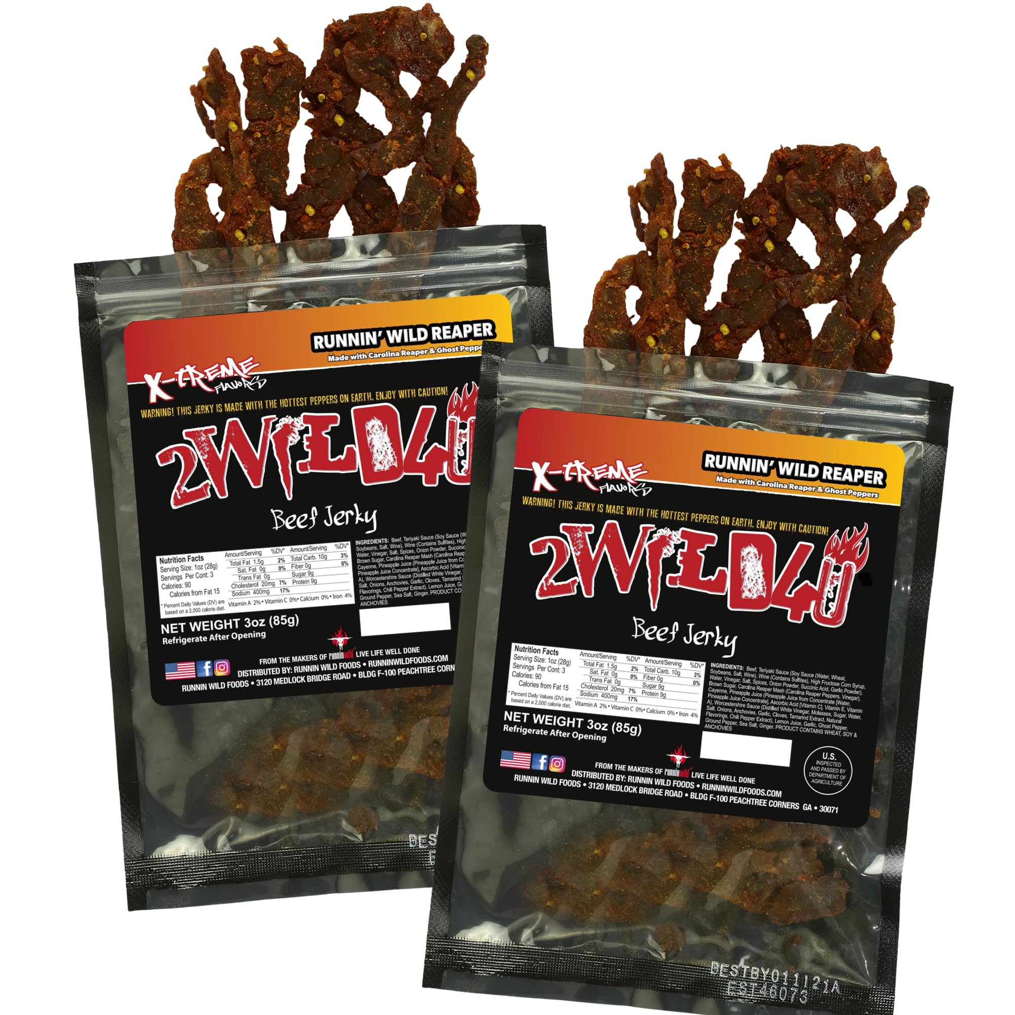 Carolina Reaper Beef Jerky – Premium Brisket Cuts | Extreme Heat | 27g of Protein Per Bag | Small Batch, Real Carolina Reaper & Ghost Pepper Infused | 2WILD4U: Eat If You Dare - 6 ounces total (Pack of 2 bags, 3 ounces each)