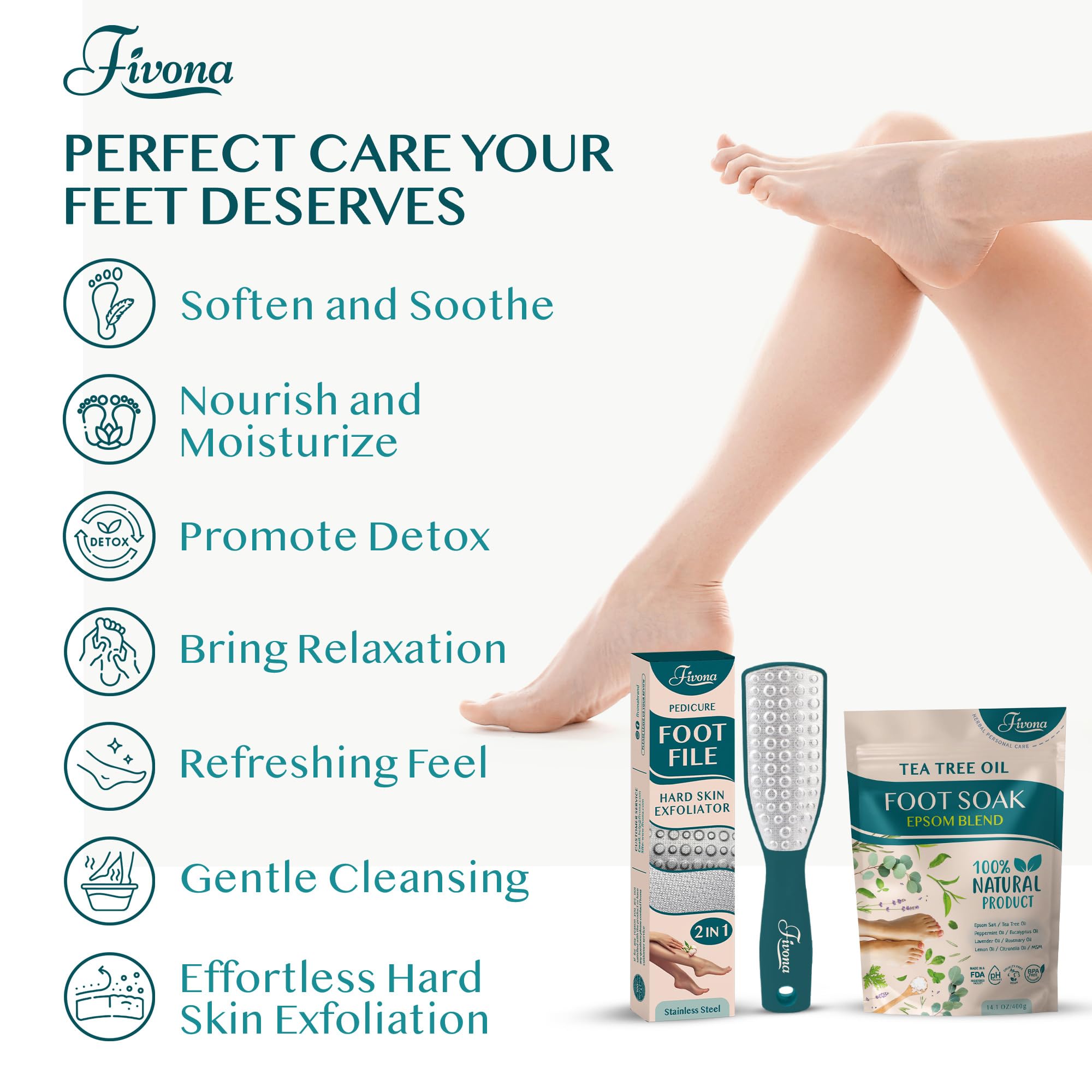 Fivona 2 in 1 Foot Care Kit - Epsom Salt Foot Soak Blend with Tea Tree and Essential Oils - Double-Sided Foot File Stainless Steel Pedicure Tool for Cracked Heels, Callus Remover
