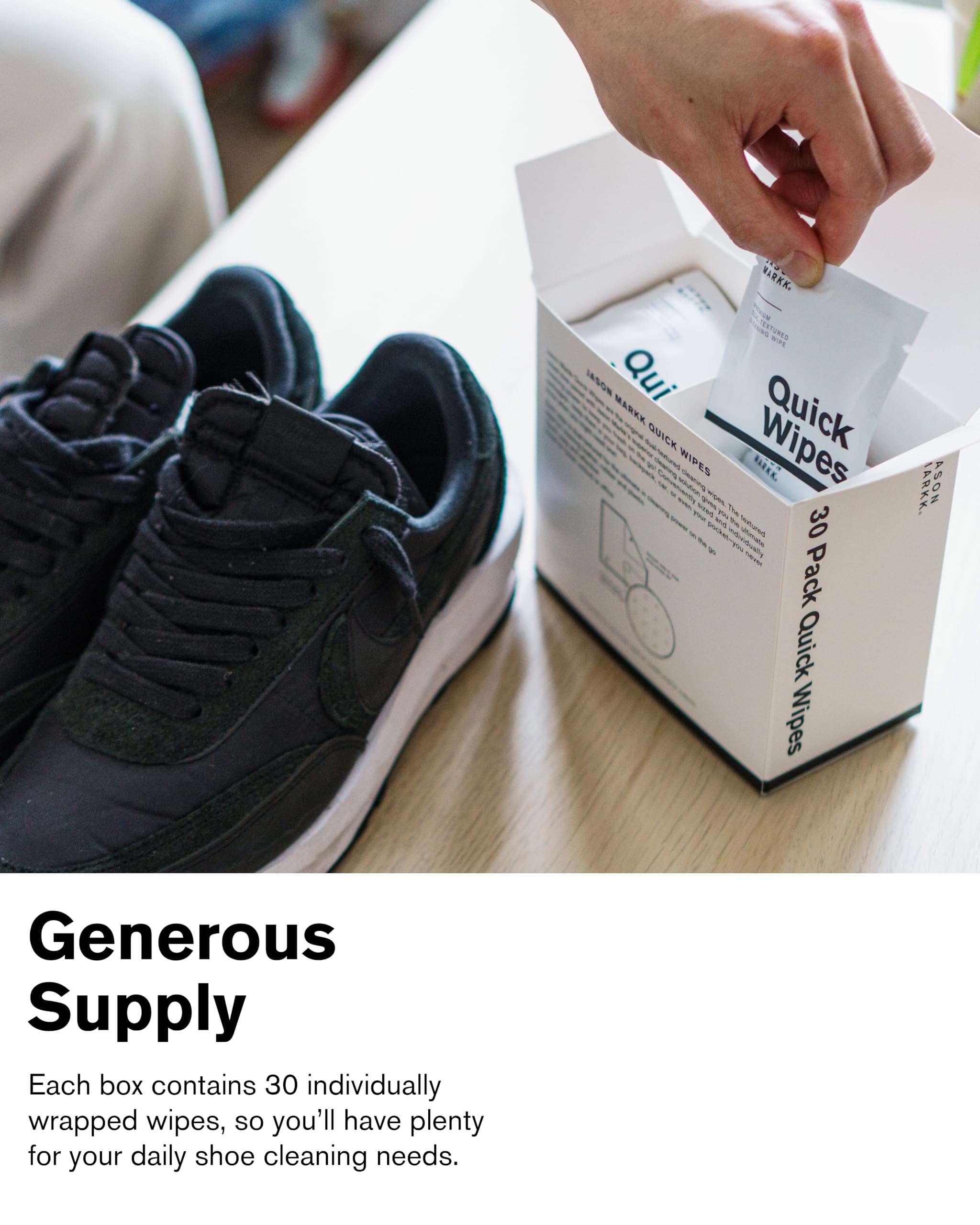 Jason Markk Quick Wipes, Shoe Cleaner, 30 Pack, Individually Packed, Sneaker Care, Ideal for Footwear, Safe for Leather, Suede, Nubuck, Cotton, Knits