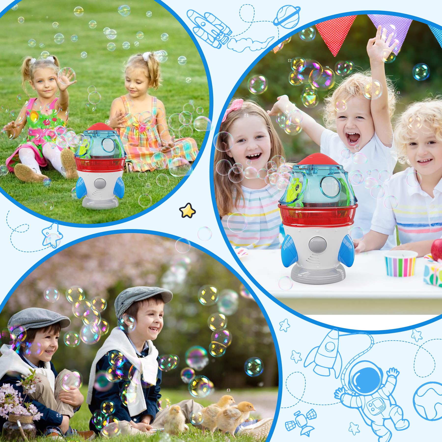 Bubble Machine, Automatic 360° Rotatable Rocket Bubble Blower Machine with 2 Fans Lights Music for Kids Toddlers 1-3 Bubble Maker Machine for Indoor Outdoor Wedding Party Birthday Gifts