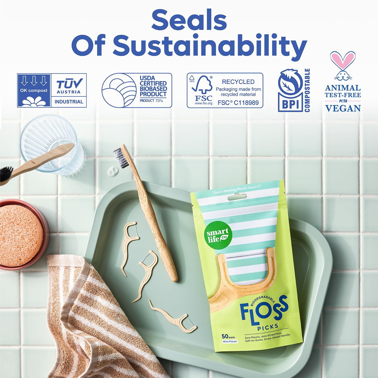 SMARTLIFECO Biodegradable Dental Floss Picks - Plant Based Handle, Thin Thread Tooth Flossers for Adults & Kids, Eco Friendly Toothpick Soft on Gum & Teeth, Compostable Zero Waste Vegan, 100 Mint