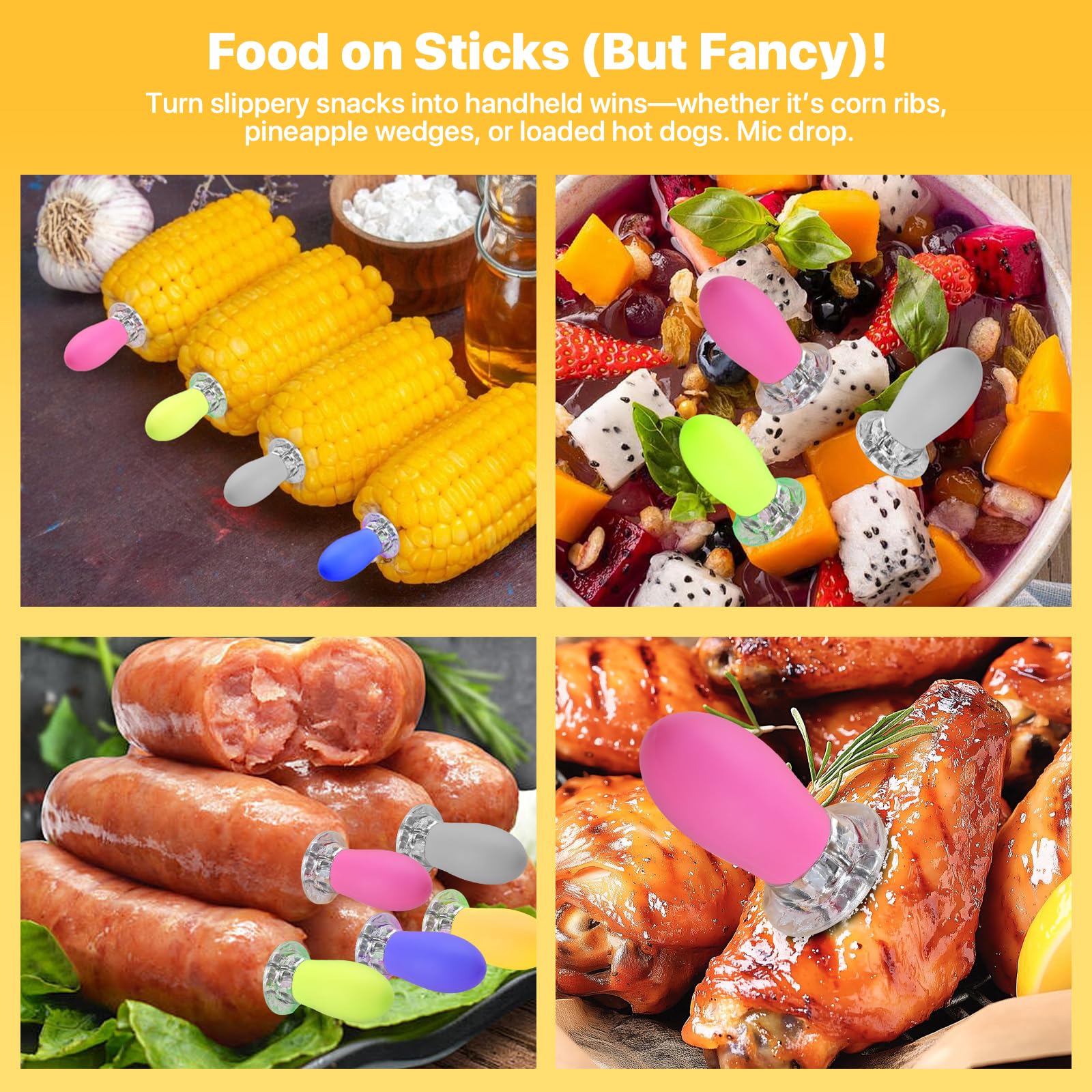 Corn on the Cob Holders Set with Interlocking Design & Storage Case, Silicone Handles + Stainless Steel Pins | Corn Cob Holders for BBQ, Picnics, Dishwasher Safe & Non-Slip Corn Skewers & Sticks.