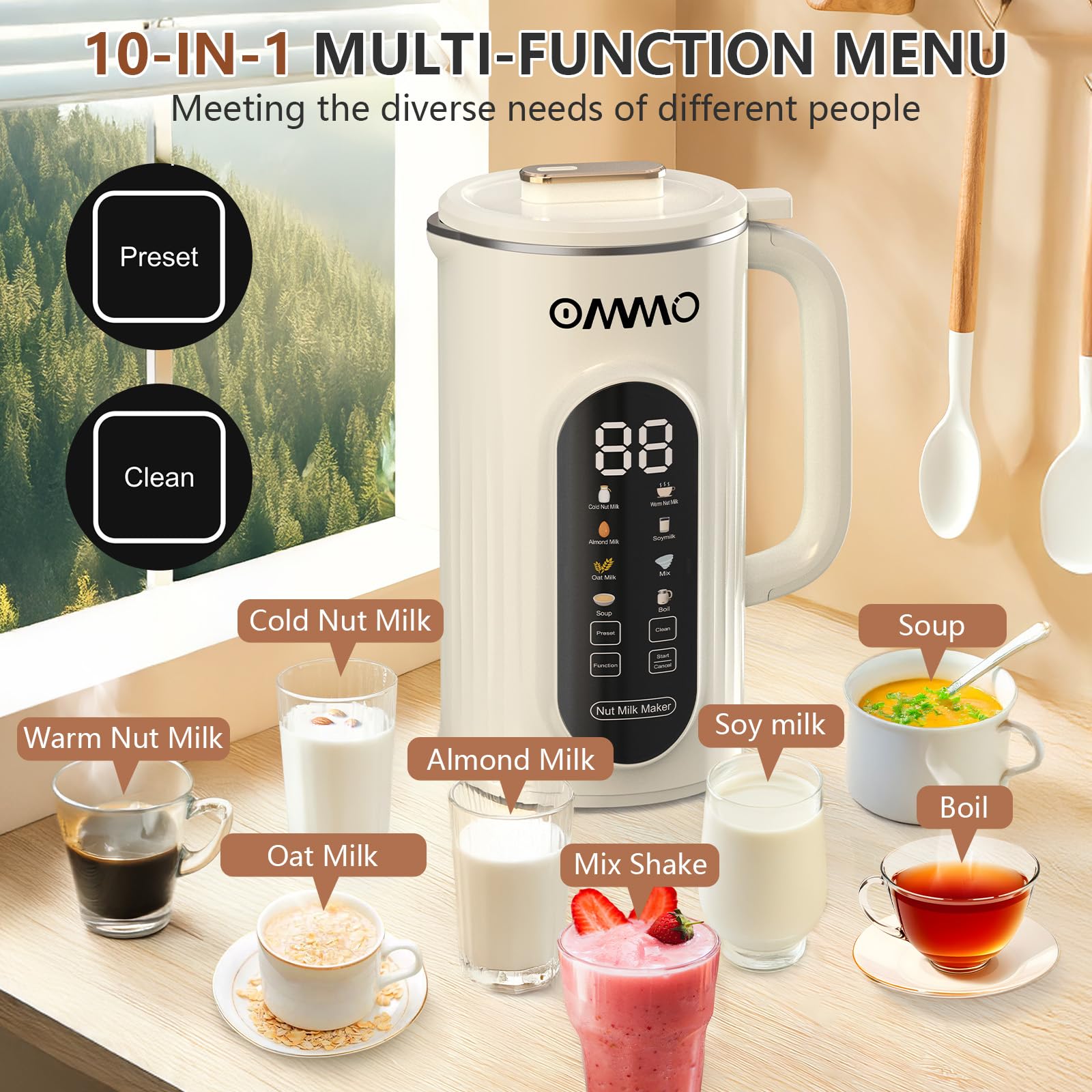 OMMO 10 in 1 Nut Milk Maker Blender, 35oz Soy Milk Maker with Large Screen/10 Blades for Hot/Cold Almond Oat Soybean Milk Maker, 12 Hours Timer/Self-Cleaning, Includes Recipe Book-Accessories