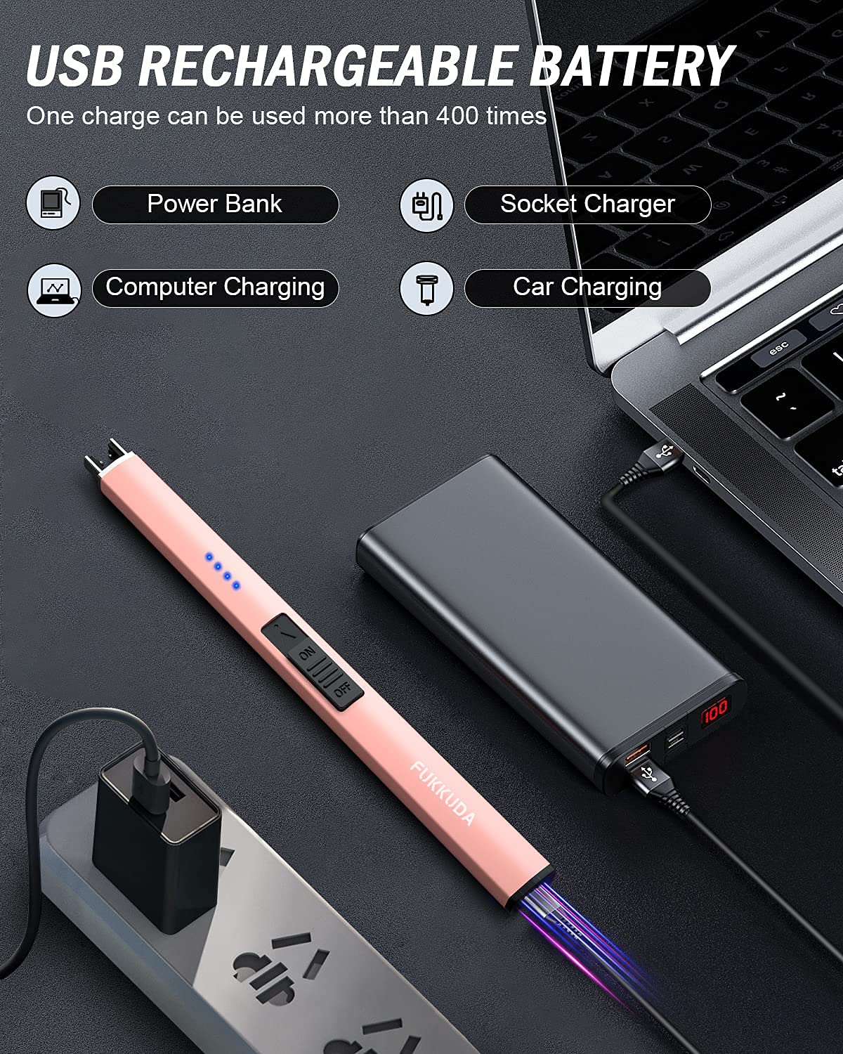 Electric Candle Lighter Plasma Arc Lighters Windproof & Flameless with USB Rechargeable Battery Double Safety Switch (Rose Gold)