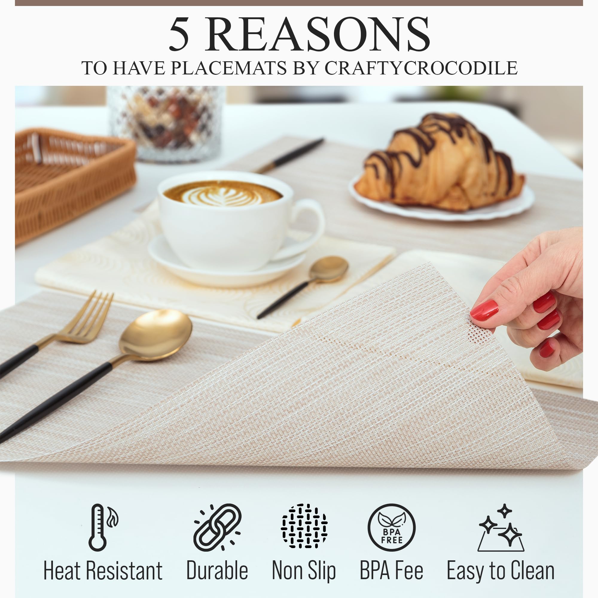 CraftyCrocodile Vinyl Placemats Set of 4 - Heat Resistant, Wipeable, Classic - Indoor & Outdoor Wipeable Place Mats for Dining Table ā Durable Table Mats, 12 x 18 Inch, Beige