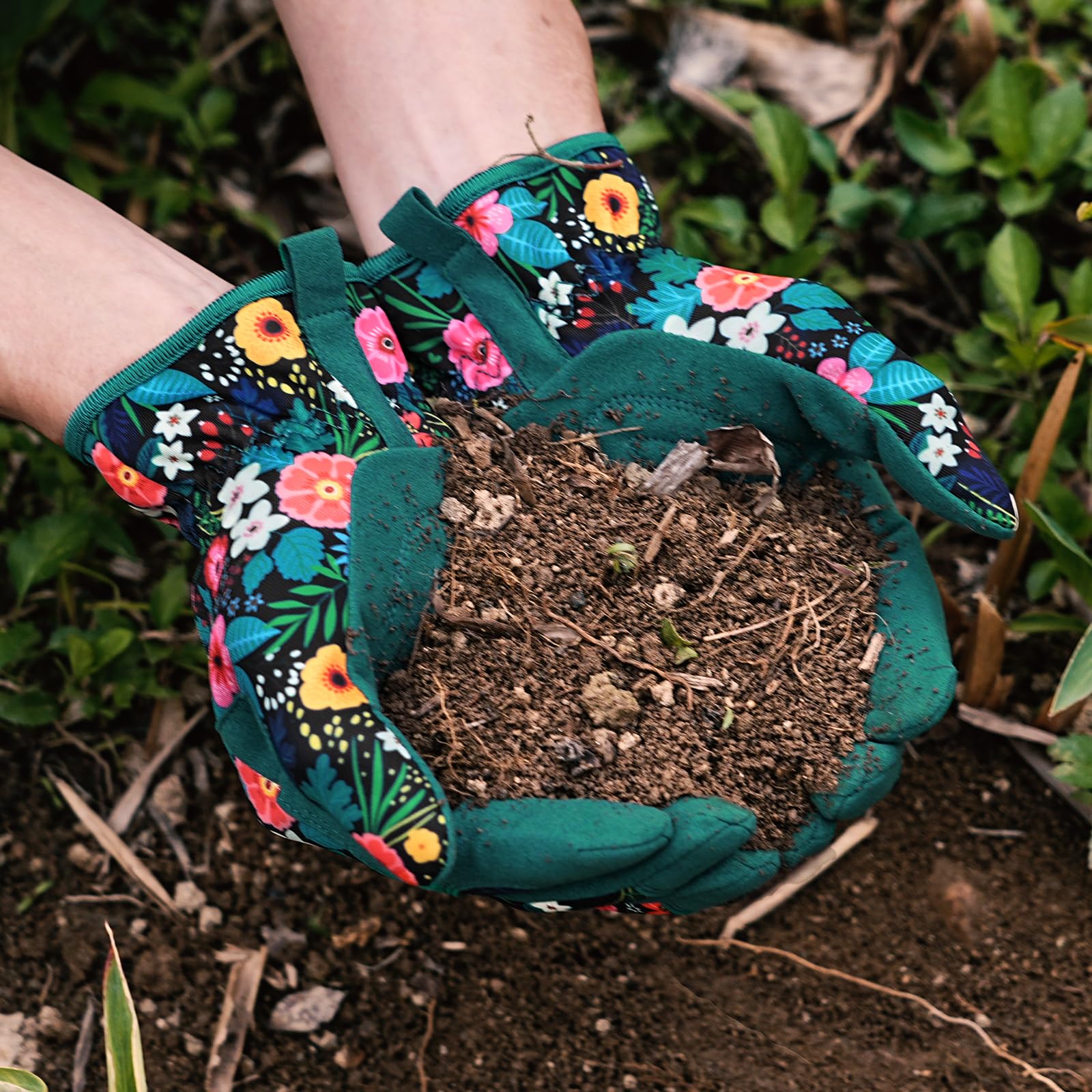 Trifabricy Garden Gloves for Women - Breathable leather Floral Gardening Gloves with Grip, Thorn-Proof Puncture-Resistant Work Gloves for Weeding, Digging, Planting, Raking and Pruning, Green Flower