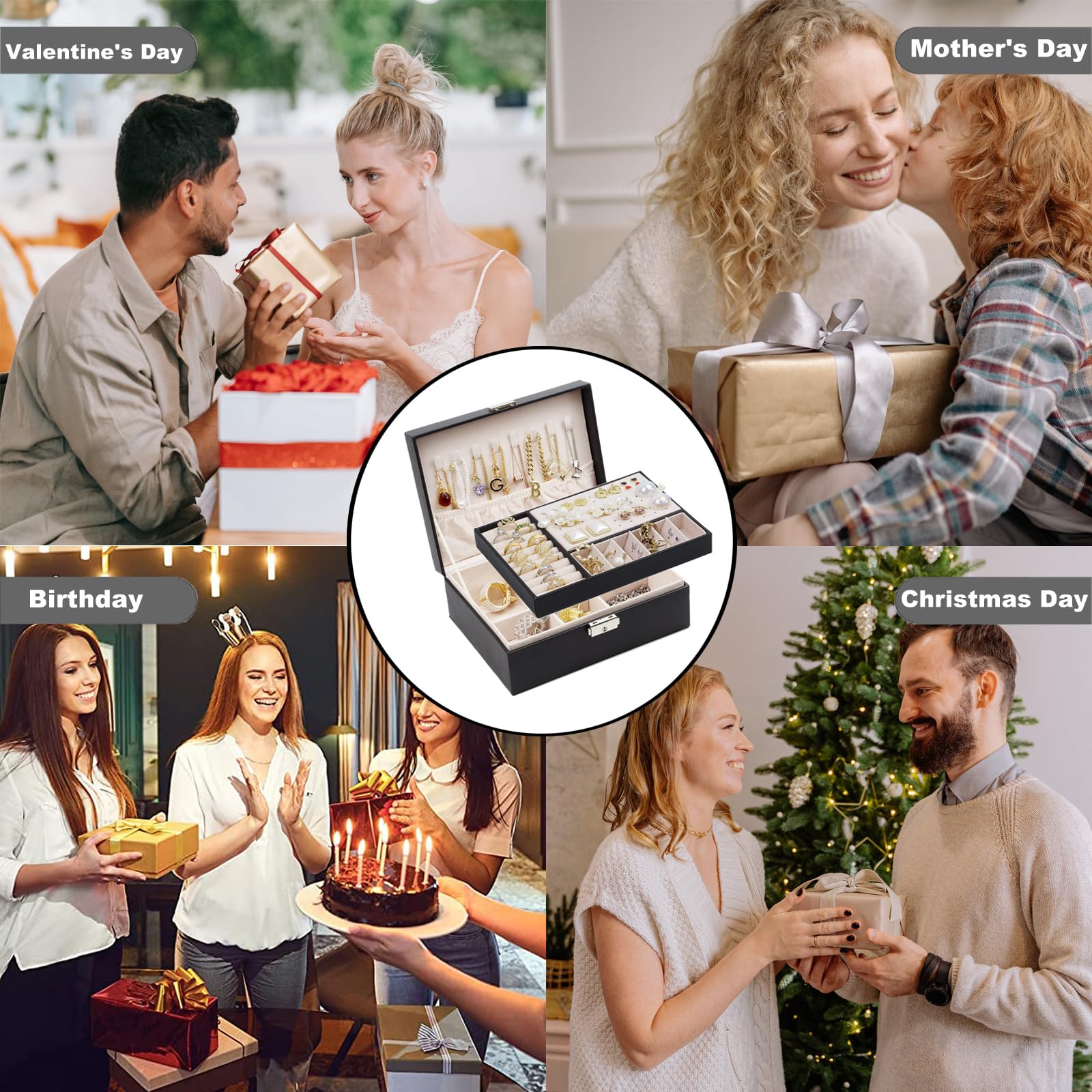 SYCARON Jewelry Box Organizer for Mothers Day Gifts, Jewelry Organizers 2 Layer Jewelry Storage Box PU Leather with Lock for Women Girls Rings Earrings Necklace Bracelets, Black