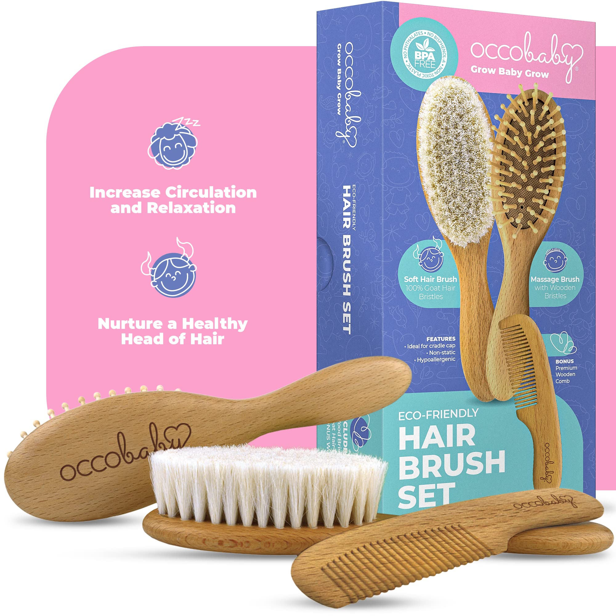 OCCObaby Wooden Baby Hairbrush Set for Newborns & Toddlers - Baby Comb for Cradle Cap - Baby Comb and Brush Set for Baby Grooming - Baby Scalp Brush for Cradle Cap - Toddler Comb