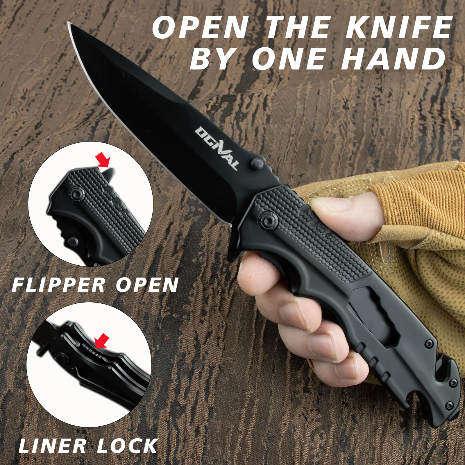 OGIVAL Pocket Knife,4inch Folding Knife with Nylon Sheath and Pocket Clip, Bottle Opener, Glass Breaker, Seatbelt Cutter and Wrench, Black