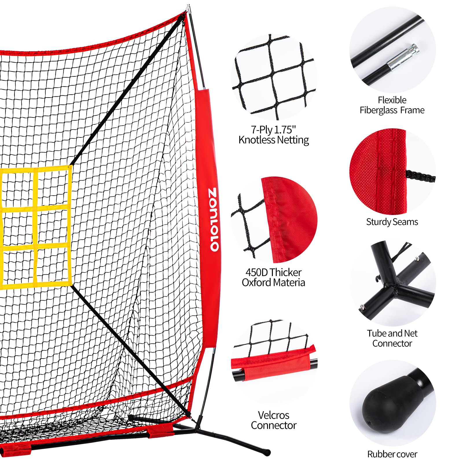 ZONLOLO 7×7FT Baseball Net with Tee,2 Strike Zones, Simple but Sturdy Construction with Non-Slip Rubber Bow Legs, Easy Set Up and Take Down, Great for All Levels' Pitching,Hitting,Fielding Practice.