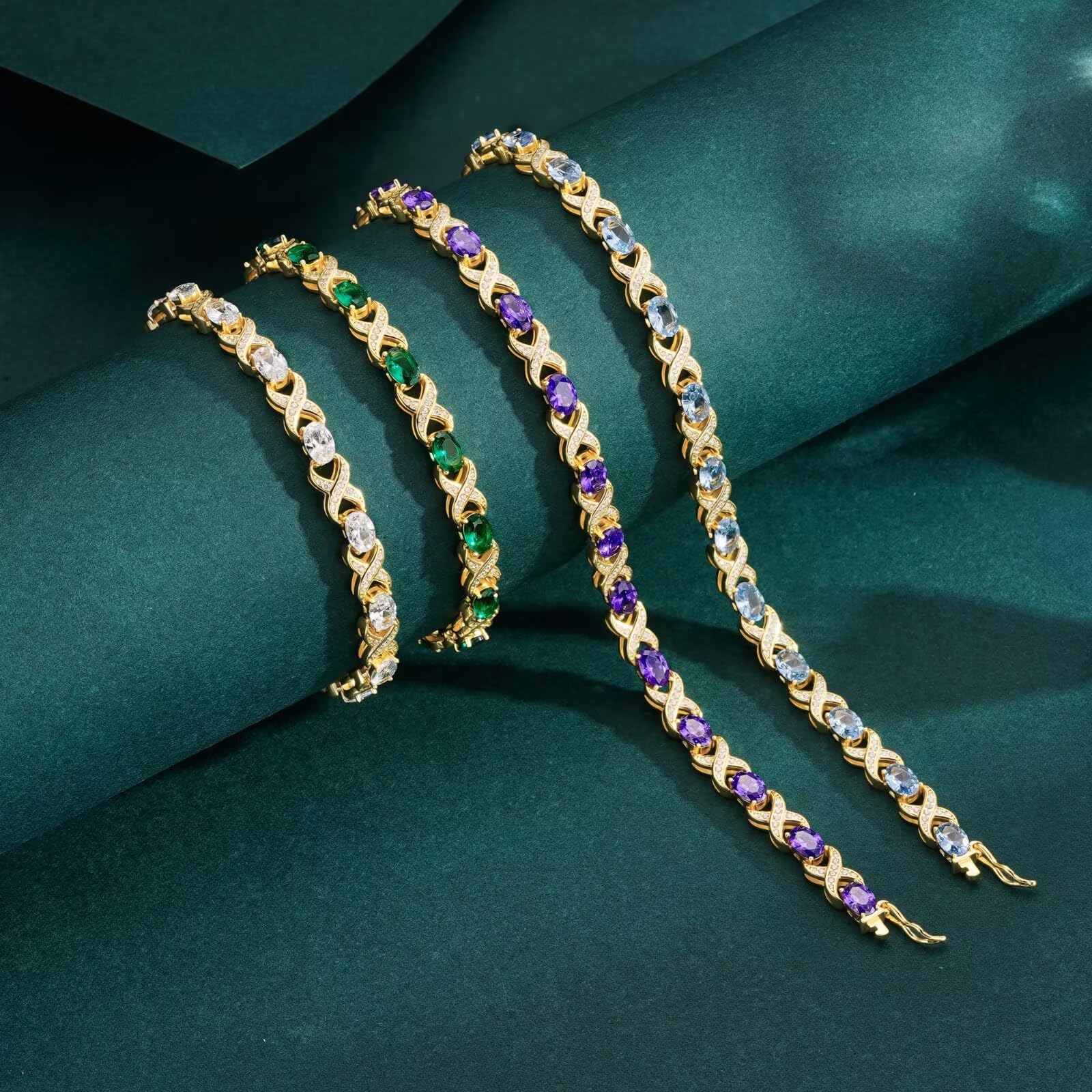Iefil June Birthstone Bracelet for Women - Lab-Created Alexandrite Tennis Bracelets Unique X O Design Oval Birthstone Bracelets Anniversary Birthday Jewelry Gifts for Wife 7"