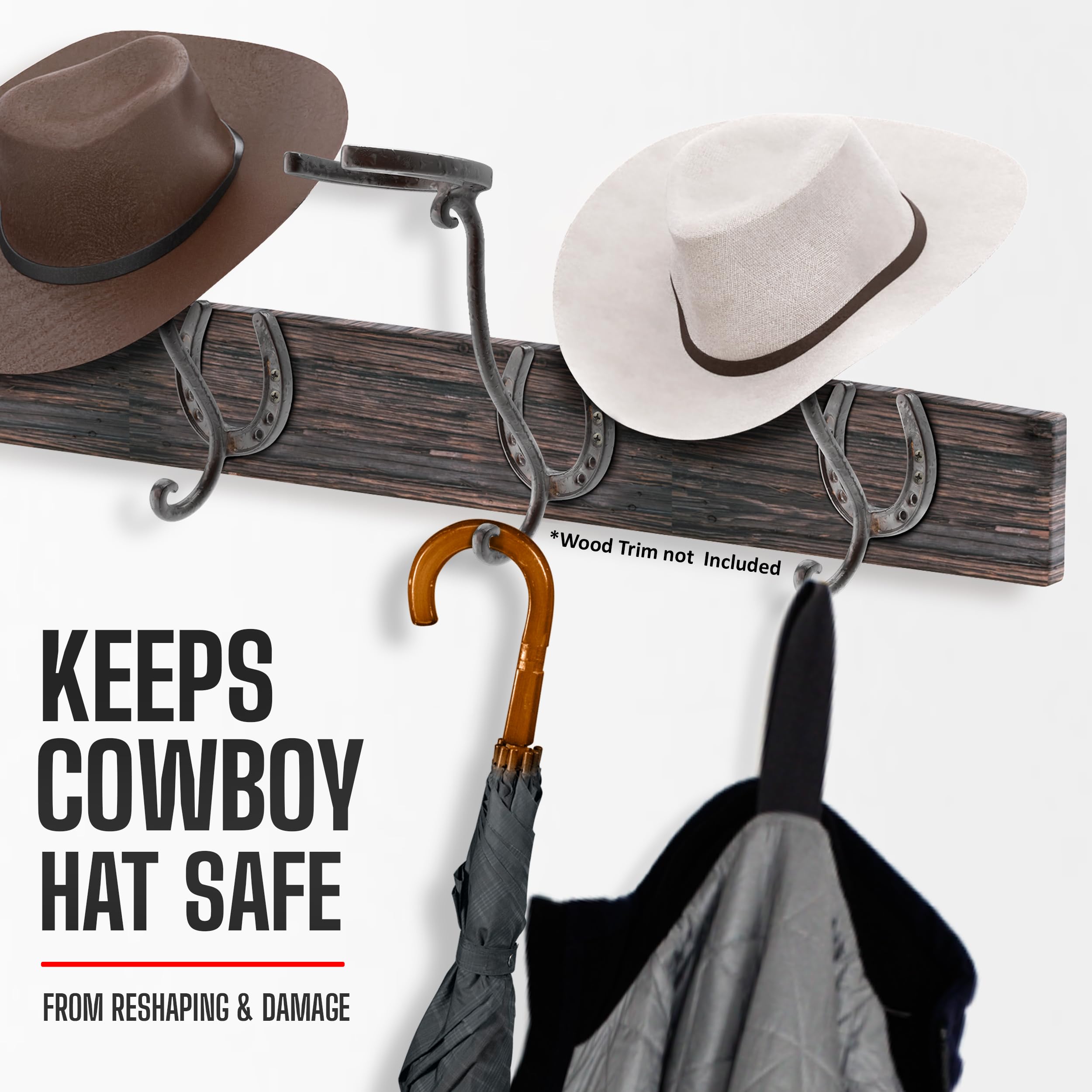A.J. Boone Cowboy Hat Rack - Set of 2 Decorative Wall-Mounted Holder - Heavy-Duty Iron Hanger and Organizer DIY Kit for Hats, Coats and Keys - Rustic Western Horseshoe Hooks for Storage and Display