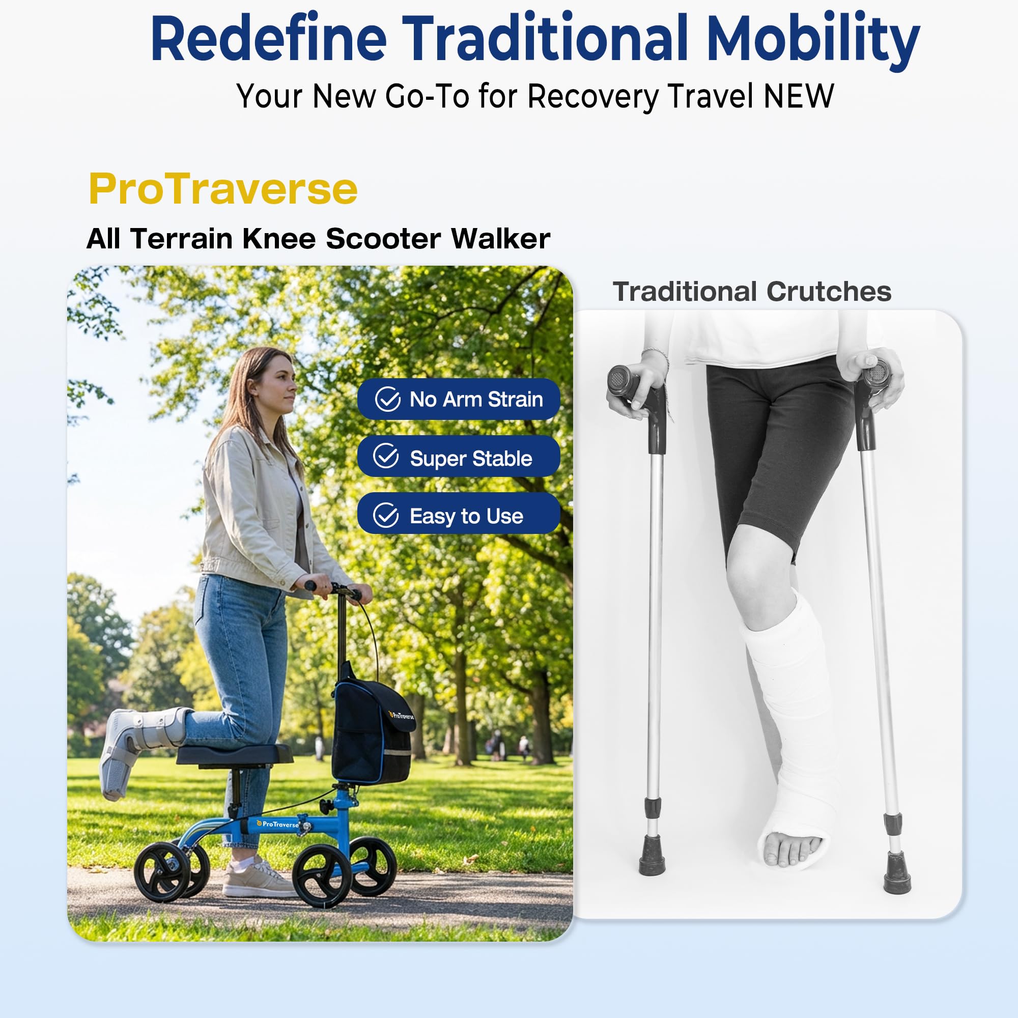 ProTraverse Knee Scooter for Adults, Foldable & Steerable Knee Walker with Comfort Knee Pad, Crutch Alternative for Adults,Medical Mobility Aid for Foot Surgery, Broken Foot & Ankle Injury,Blue