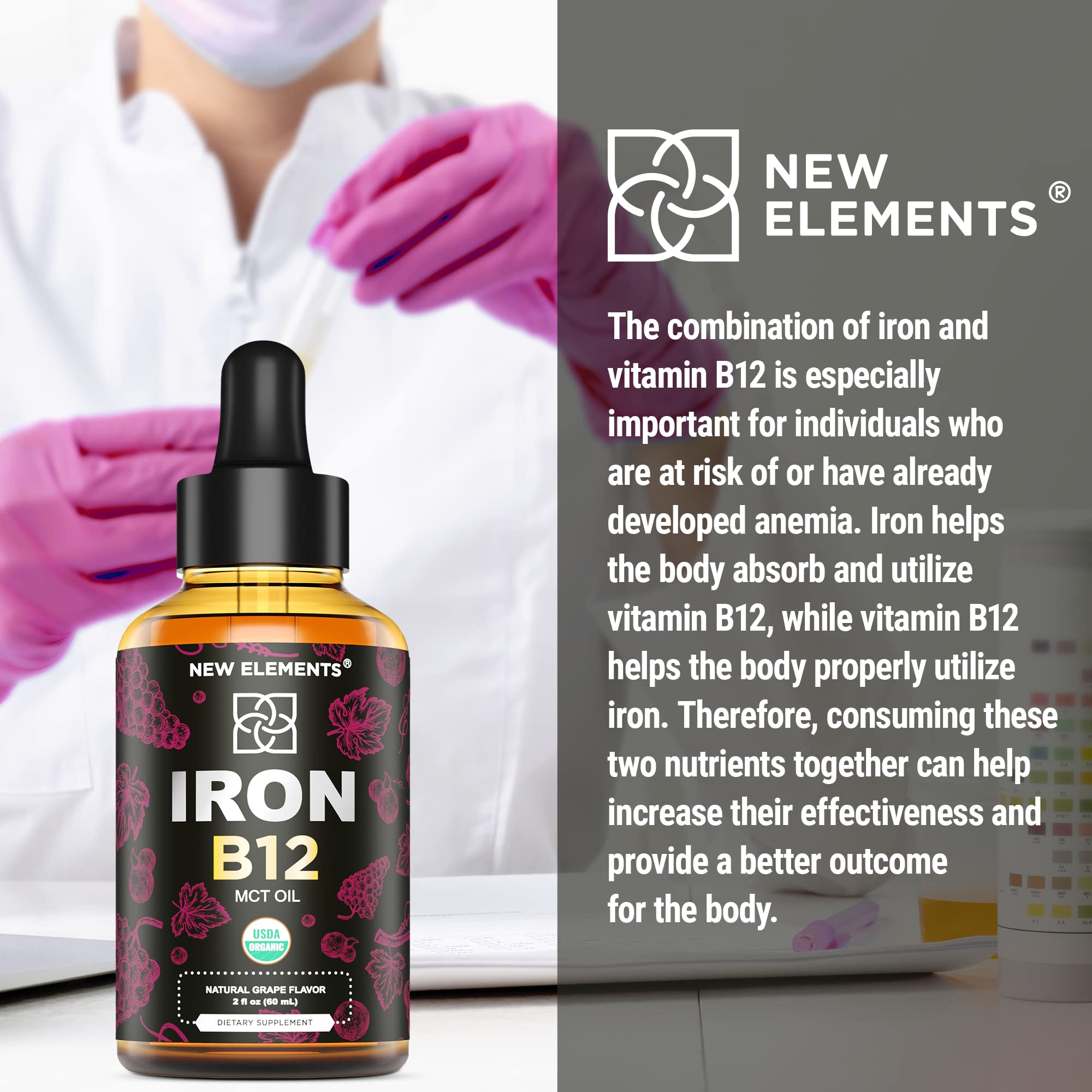 Liquid Iron Supplement for Women & Men with Vitamin B12 5000mcg - Free Blood Builder for Anemia - Liquid Vitamin B12 Drops for Adults with MCT Oil, Natural Grape Flavor, 2 Fl Oz