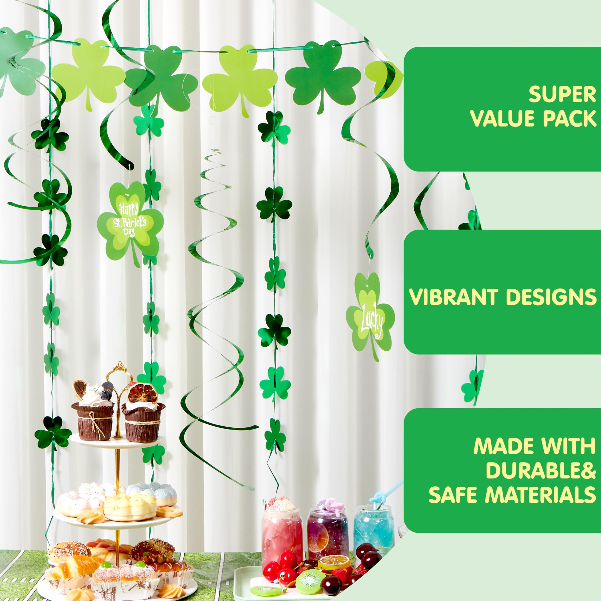 JOYIN 27 Pcs St. Patrick's Day Decoration with Irish Saint Patricks Green Shamrock Foil Strings, Hanging Swirls with Garland. Ceiling Hanging and Wall Decor