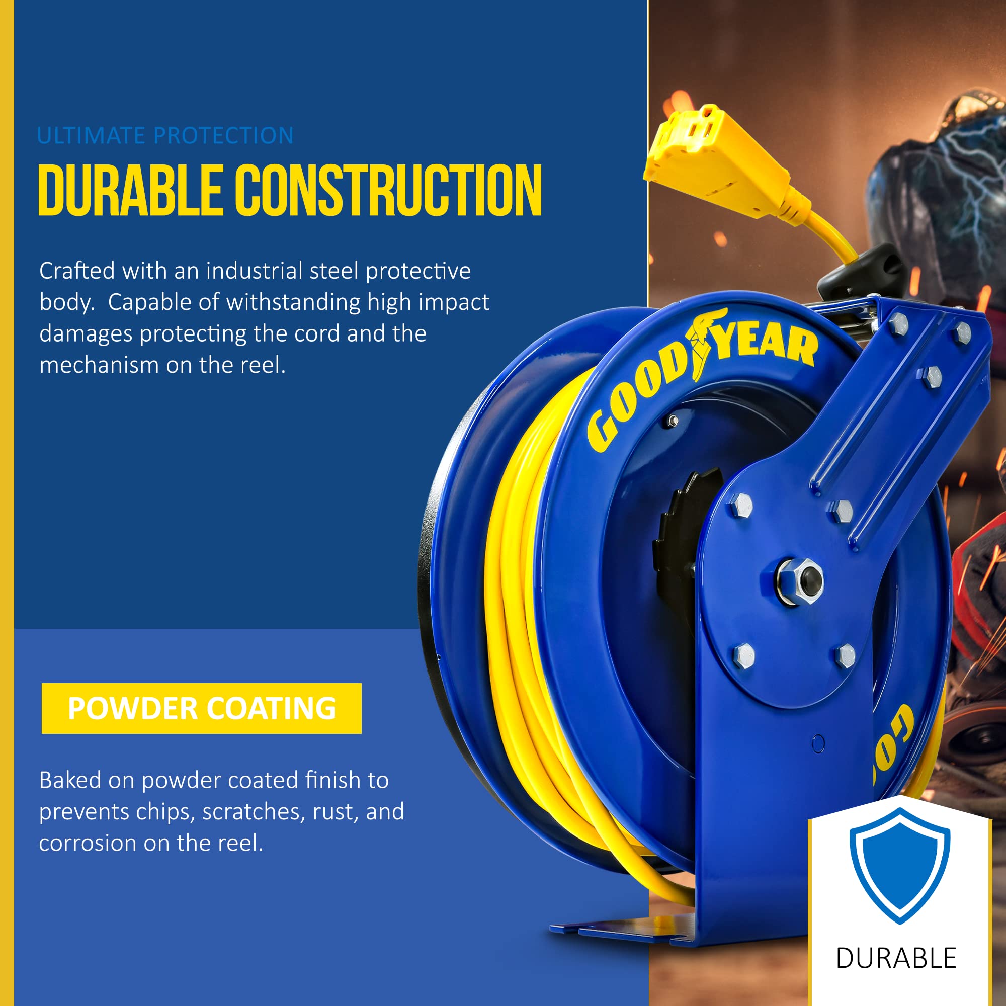 Goodyear Extension Cord Reel Retractable 12AWG x 50' Feet 3C SJTOW Cable Triple Tap Connector Power Rating 125 Volt AC 13 Amp 1625 Watt Industrial Steel Single Arm